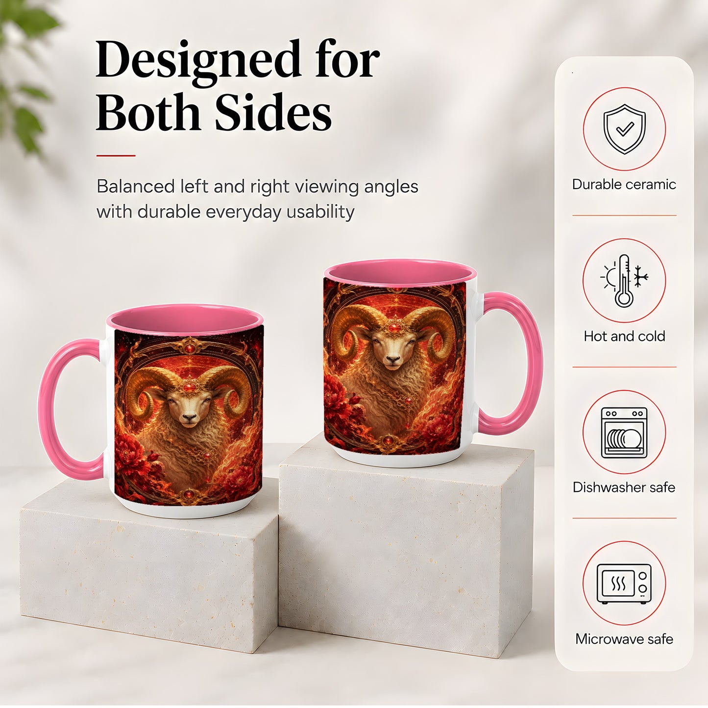 #pl[15oz|Pink] Aries Ram Ceramic Mug, Fiery Zodiac Celestial Floral Art