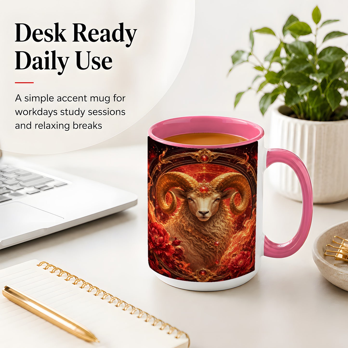 #pl[15oz|Pink] Aries Ram Ceramic Mug, Fiery Zodiac Celestial Floral Art
