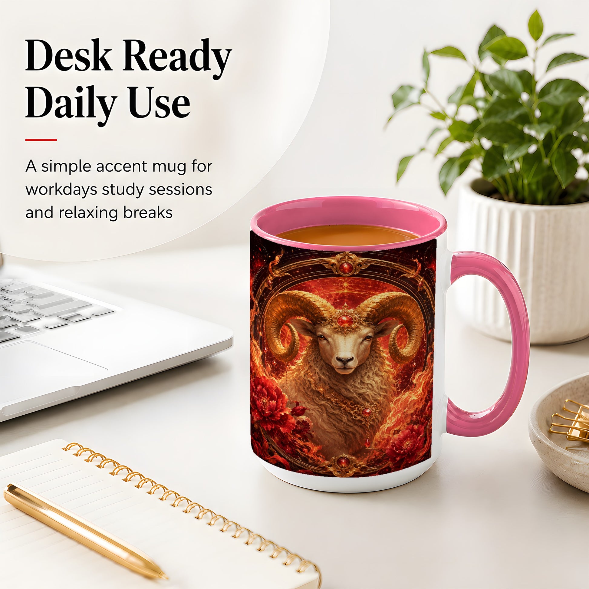 #pl[15oz|Pink] Aries Ram Ceramic Mug, Fiery Zodiac Celestial Floral Art
