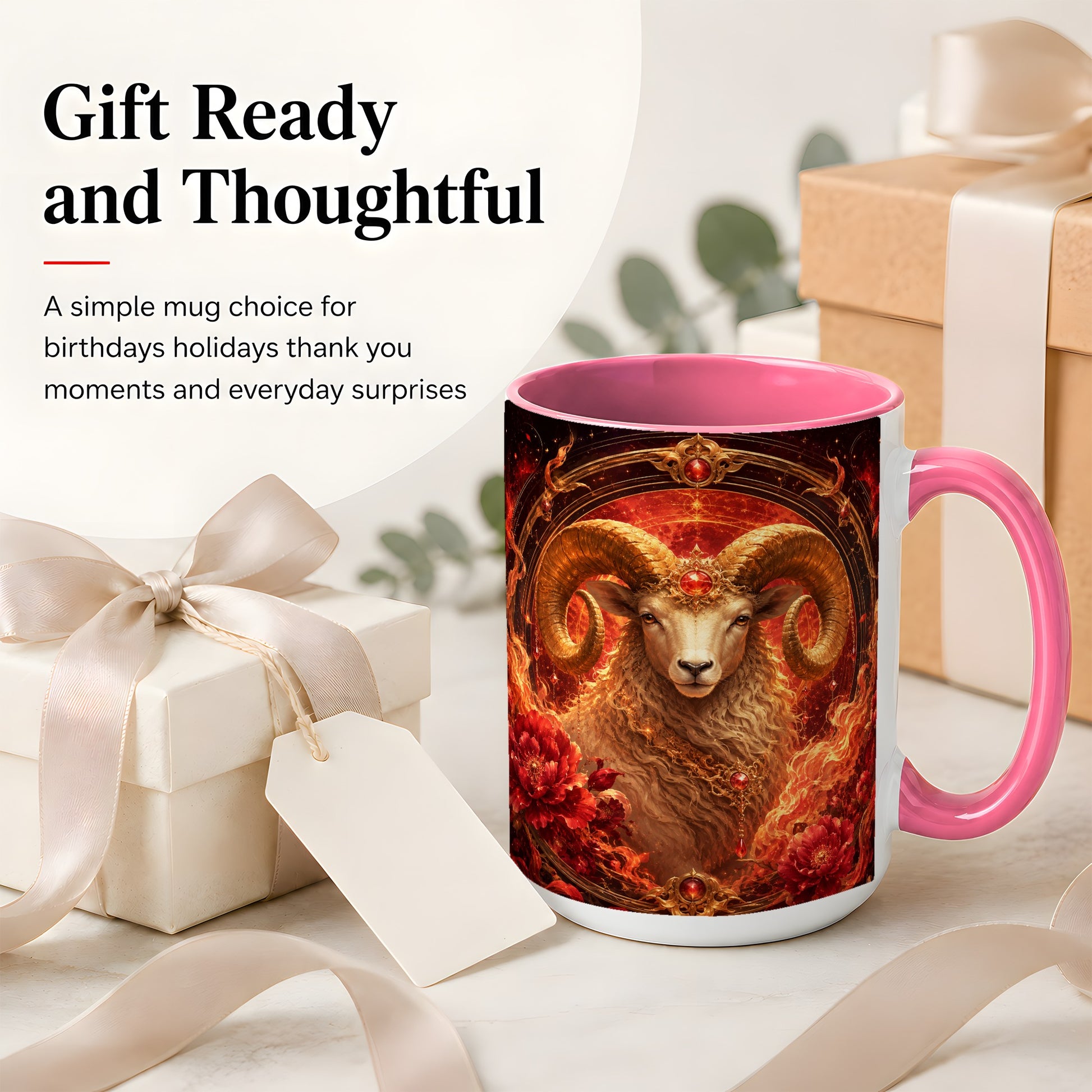 #pl[15oz|Pink] Aries Ram Ceramic Mug, Fiery Zodiac Celestial Floral Art