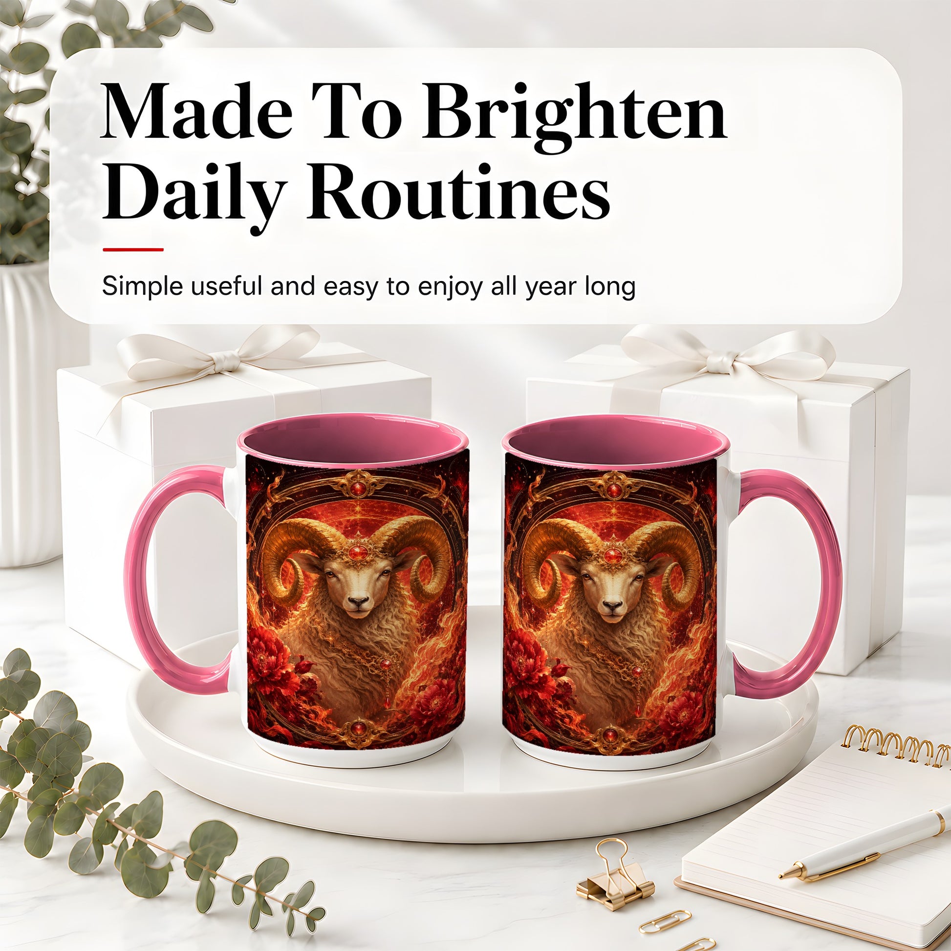 #pl[15oz|Pink] Aries Ram Ceramic Mug, Fiery Zodiac Celestial Floral Art