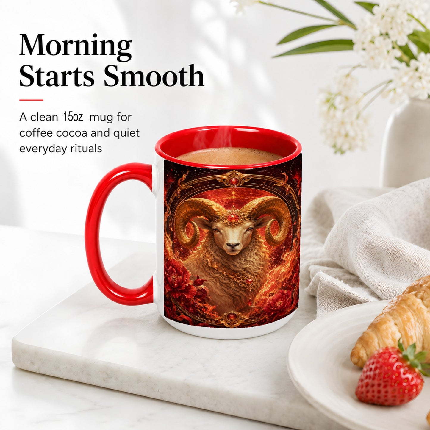 #pl[15oz|Red] Aries Ram Ceramic Mug, Fiery Zodiac Celestial Floral Art