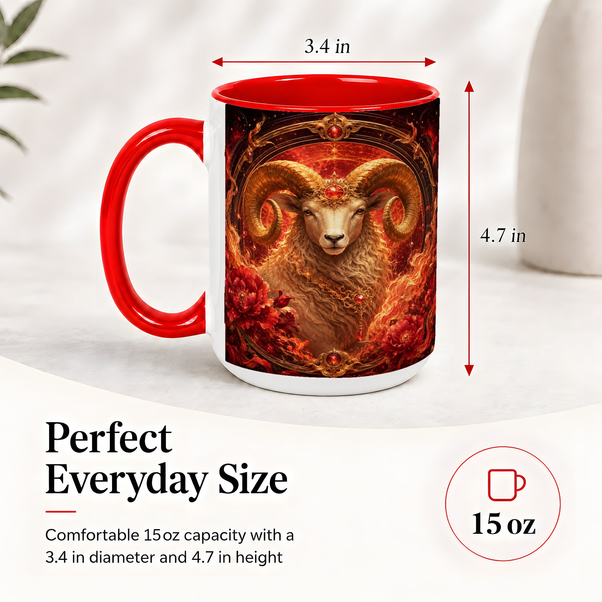 #pl[15oz|Red] Aries Ram Ceramic Mug, Fiery Zodiac Celestial Floral Art