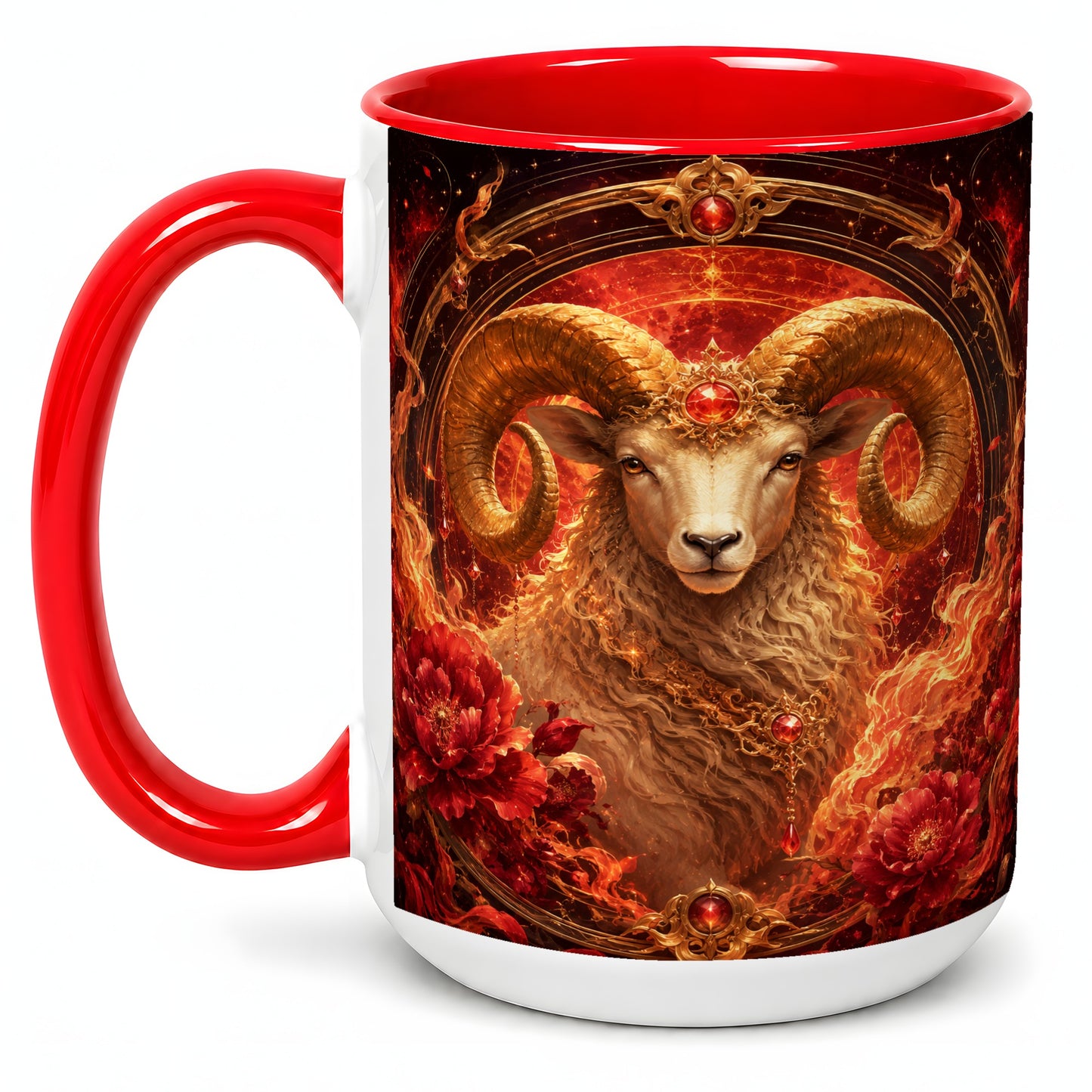 #pl[15oz|Red] Aries Ram Ceramic Mug, Fiery Zodiac Celestial Floral Art