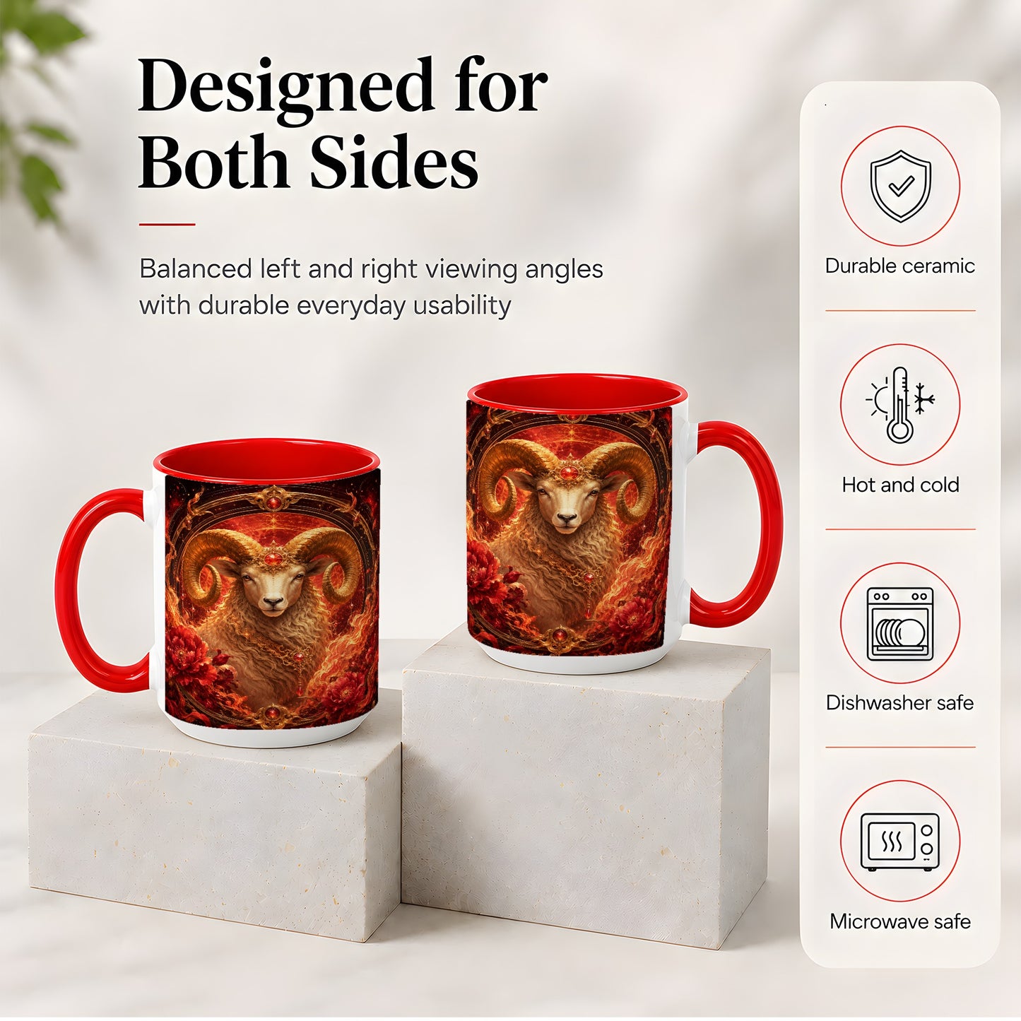 #pl[15oz|Red] Aries Ram Ceramic Mug, Fiery Zodiac Celestial Floral Art