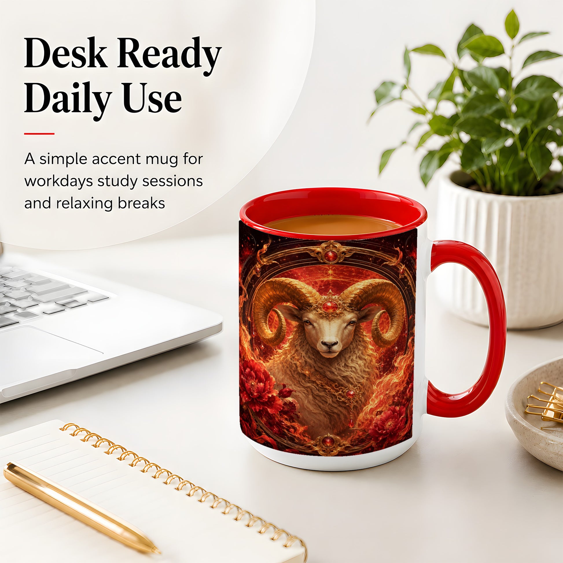 #pl[15oz|Red] Aries Ram Ceramic Mug, Fiery Zodiac Celestial Floral Art