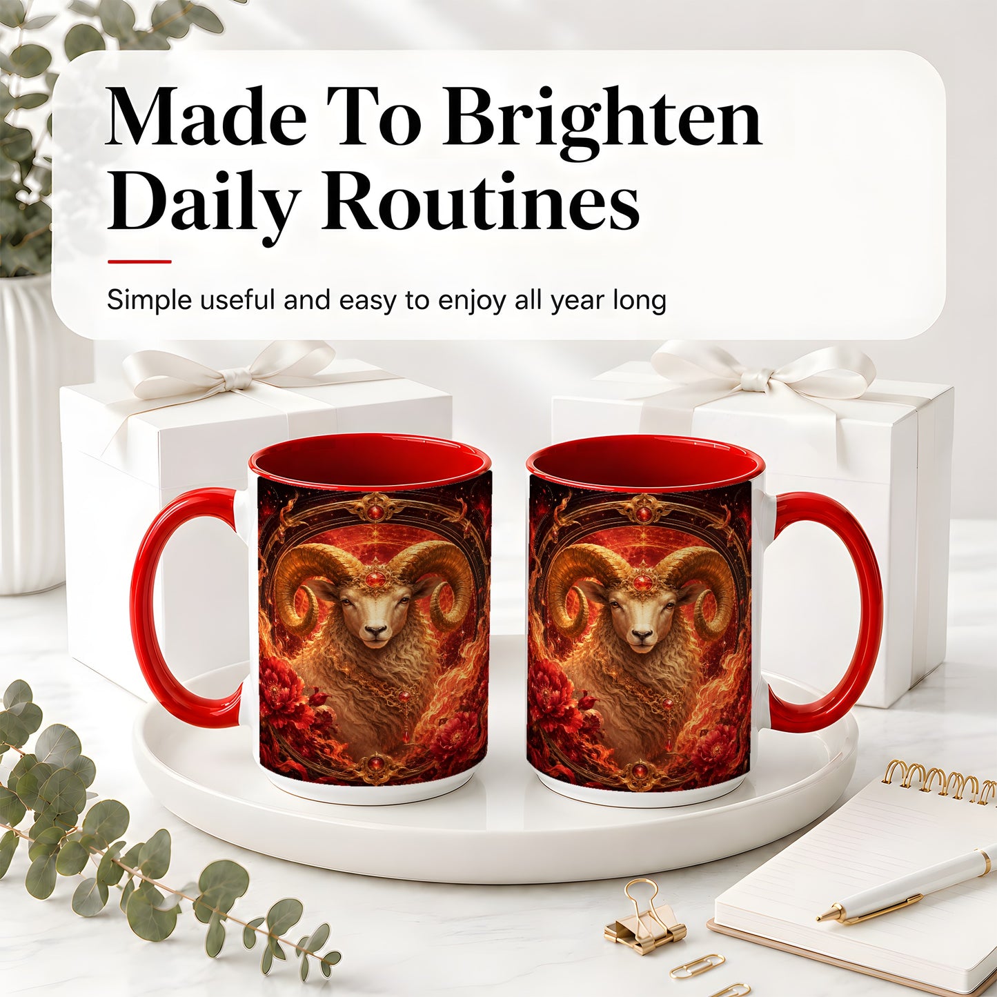 #pl[15oz|Red] Aries Ram Ceramic Mug, Fiery Zodiac Celestial Floral Art