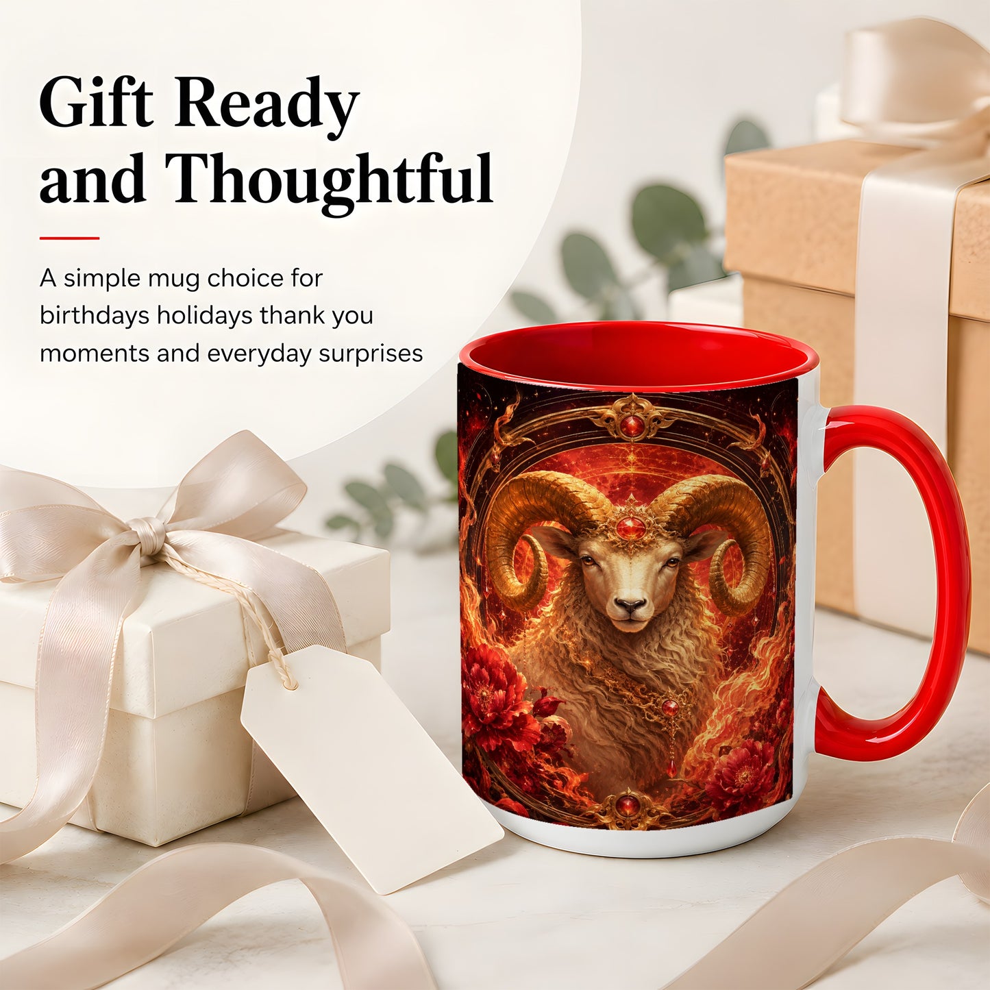 #pl[15oz|Red] Aries Ram Ceramic Mug, Fiery Zodiac Celestial Floral Art