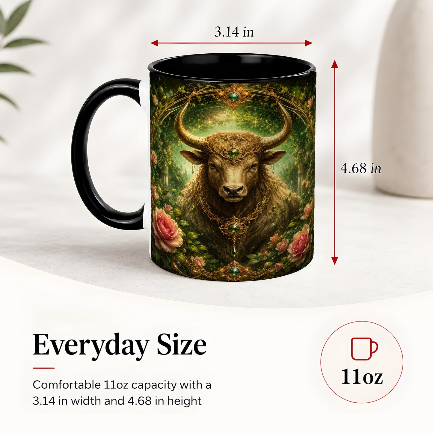 #pl[11oz|Black] Taurus Bull Ceramic Mug, Earth Zodiac Rose Celestial Art