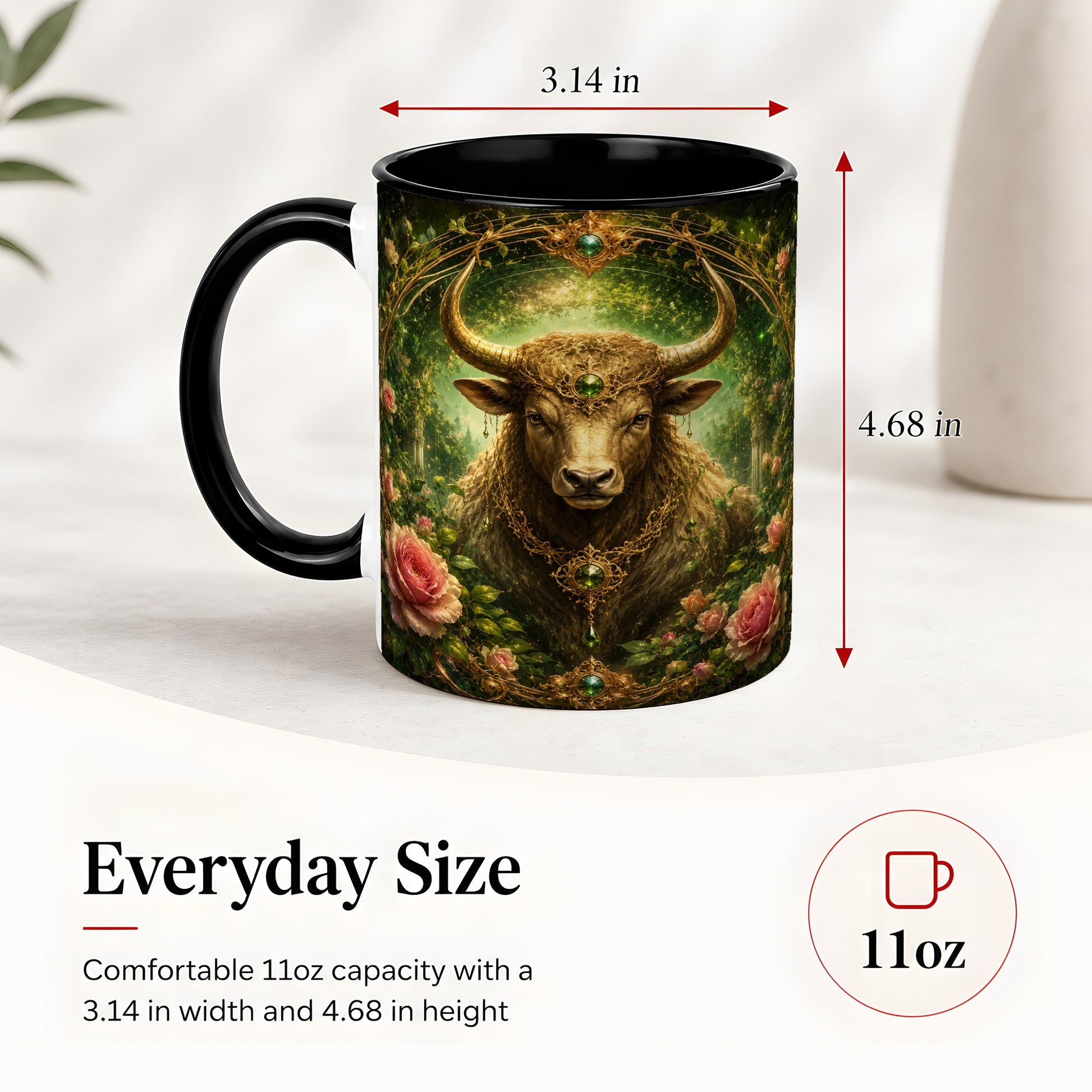 #pl[11oz|Black] Taurus Bull Ceramic Mug, Earth Zodiac Rose Celestial Art