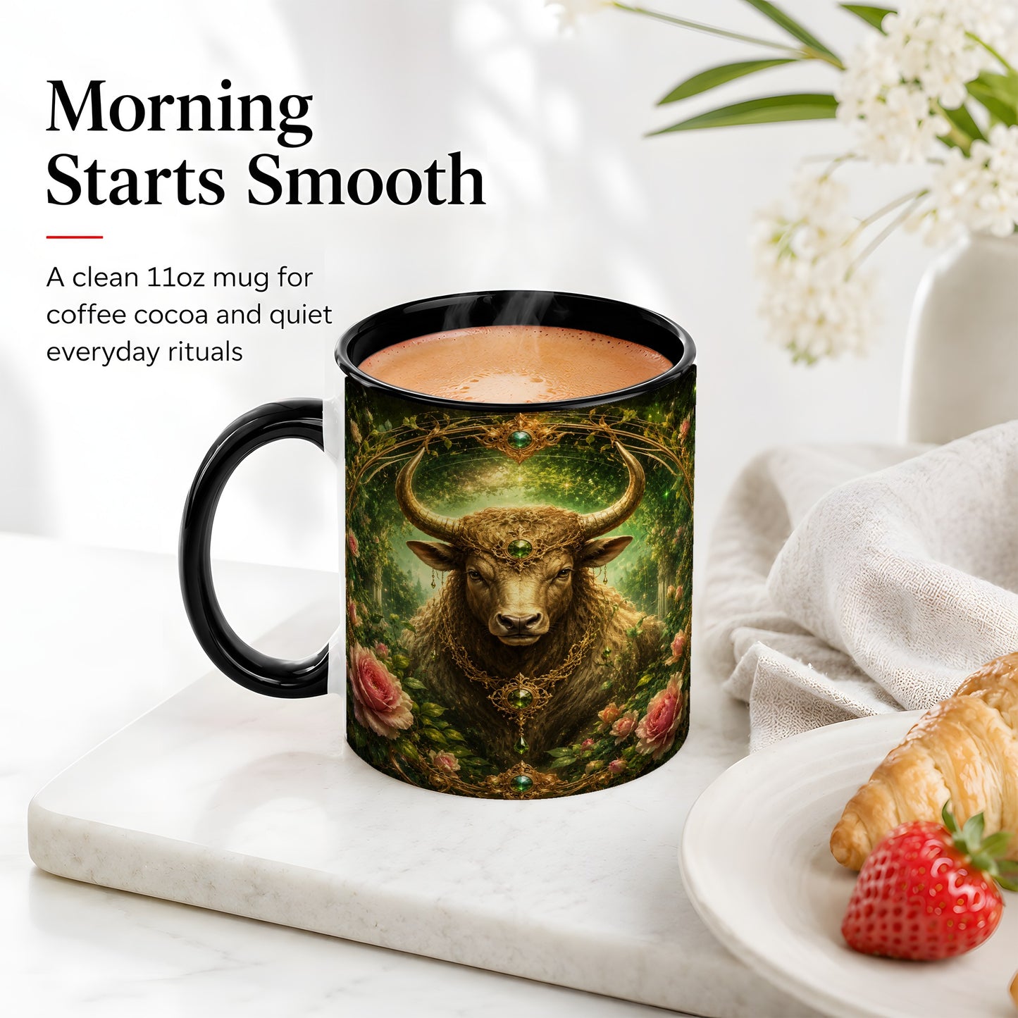 #pl[11oz|Black] Taurus Bull Ceramic Mug, Earth Zodiac Rose Celestial Art