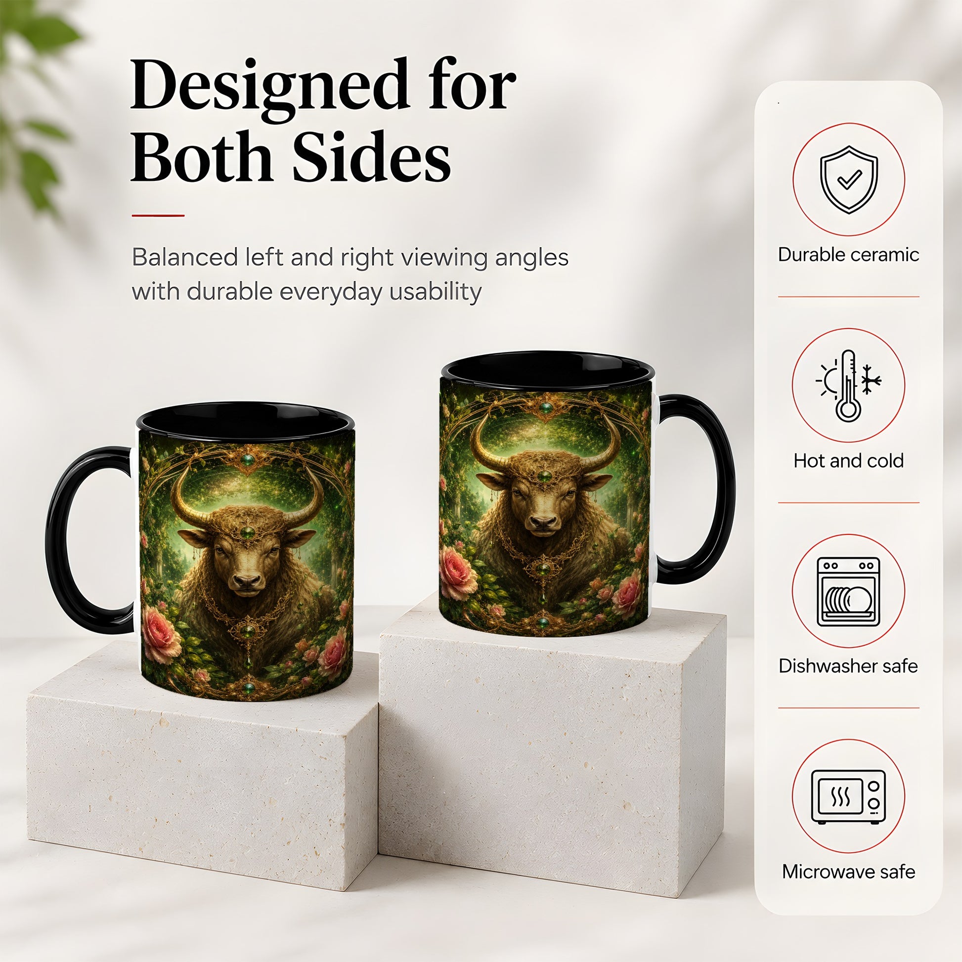 #pl[11oz|Black] Taurus Bull Ceramic Mug, Earth Zodiac Rose Celestial Art