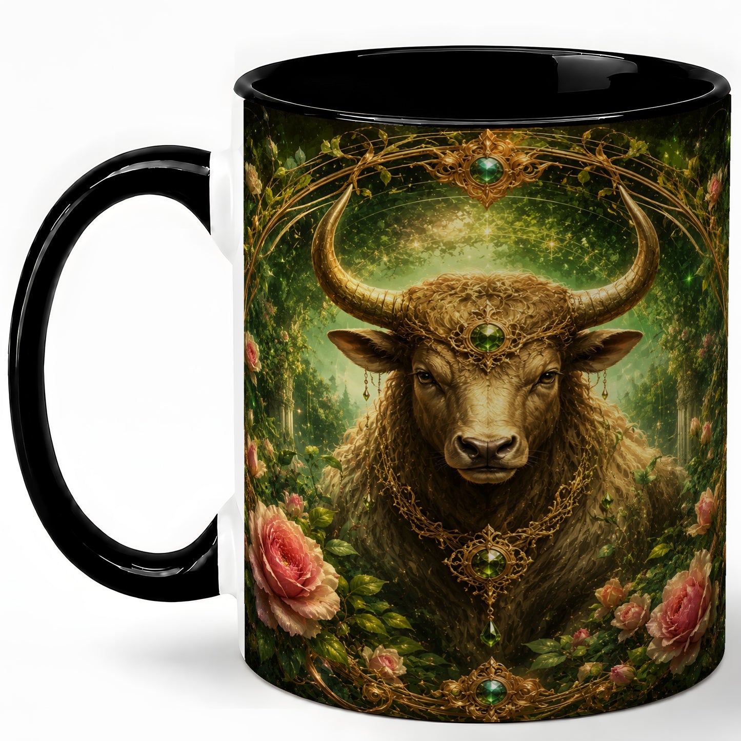 #pl[11oz|Black] Taurus Bull Ceramic Mug, Earth Zodiac Rose Celestial Art