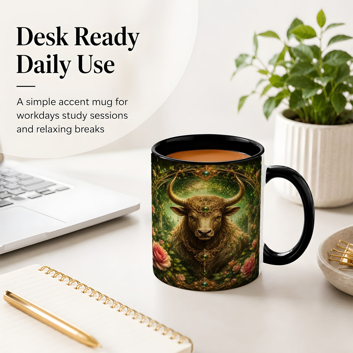 #pl[11oz|Black] Taurus Bull Ceramic Mug, Earth Zodiac Rose Celestial Art