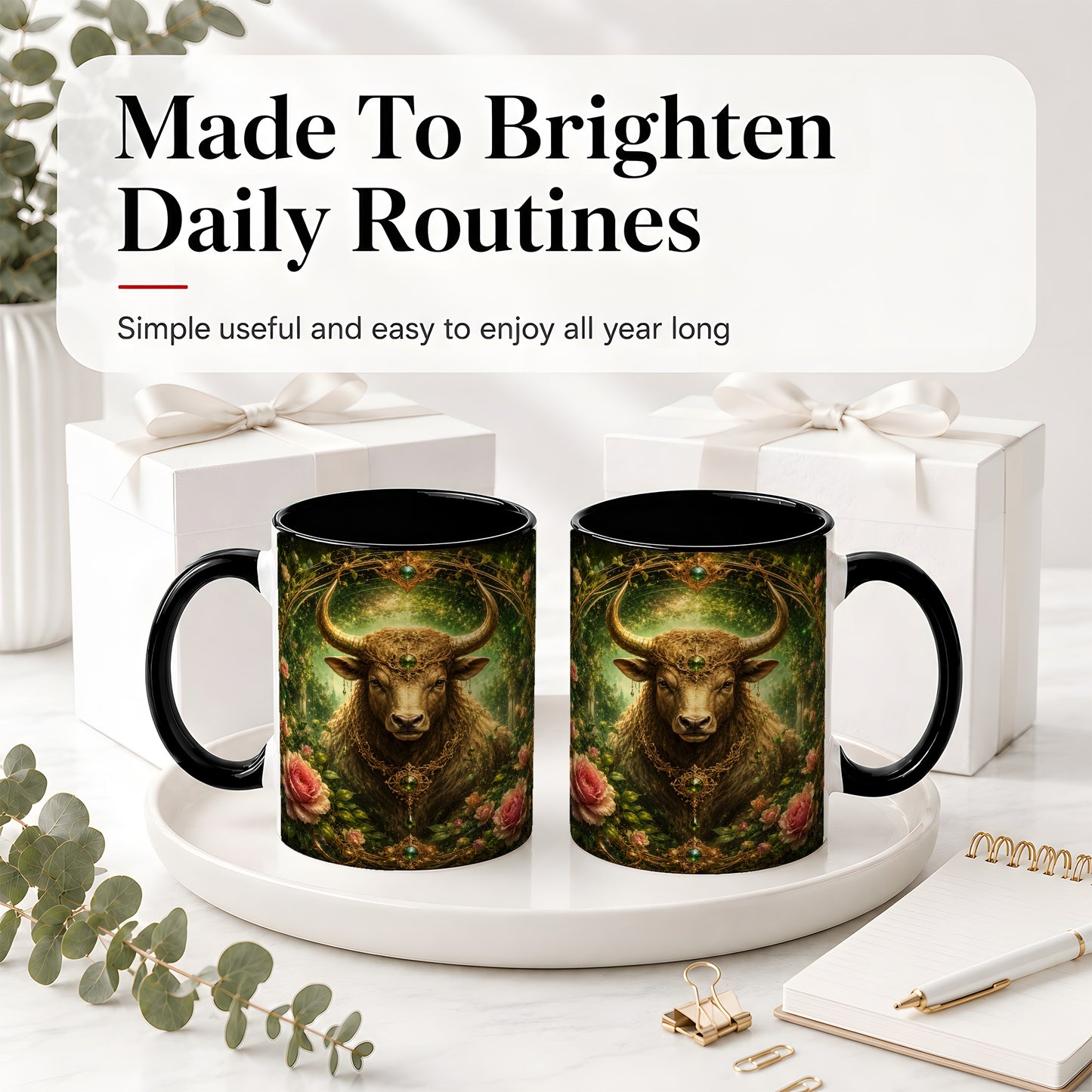 #pl[11oz|Black] Taurus Bull Ceramic Mug, Earth Zodiac Rose Celestial Art
