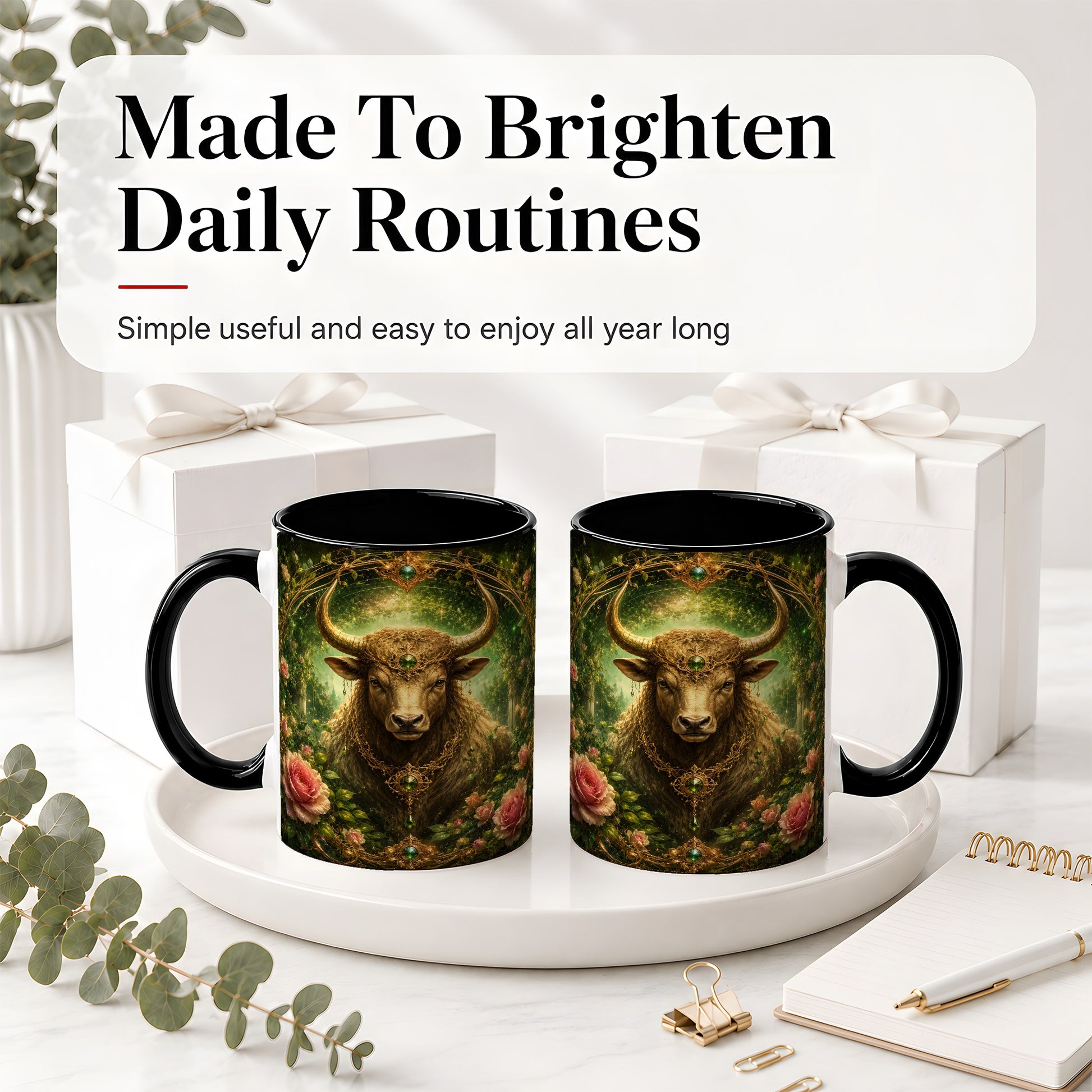 #pl[11oz|Black] Taurus Bull Ceramic Mug, Earth Zodiac Rose Celestial Art