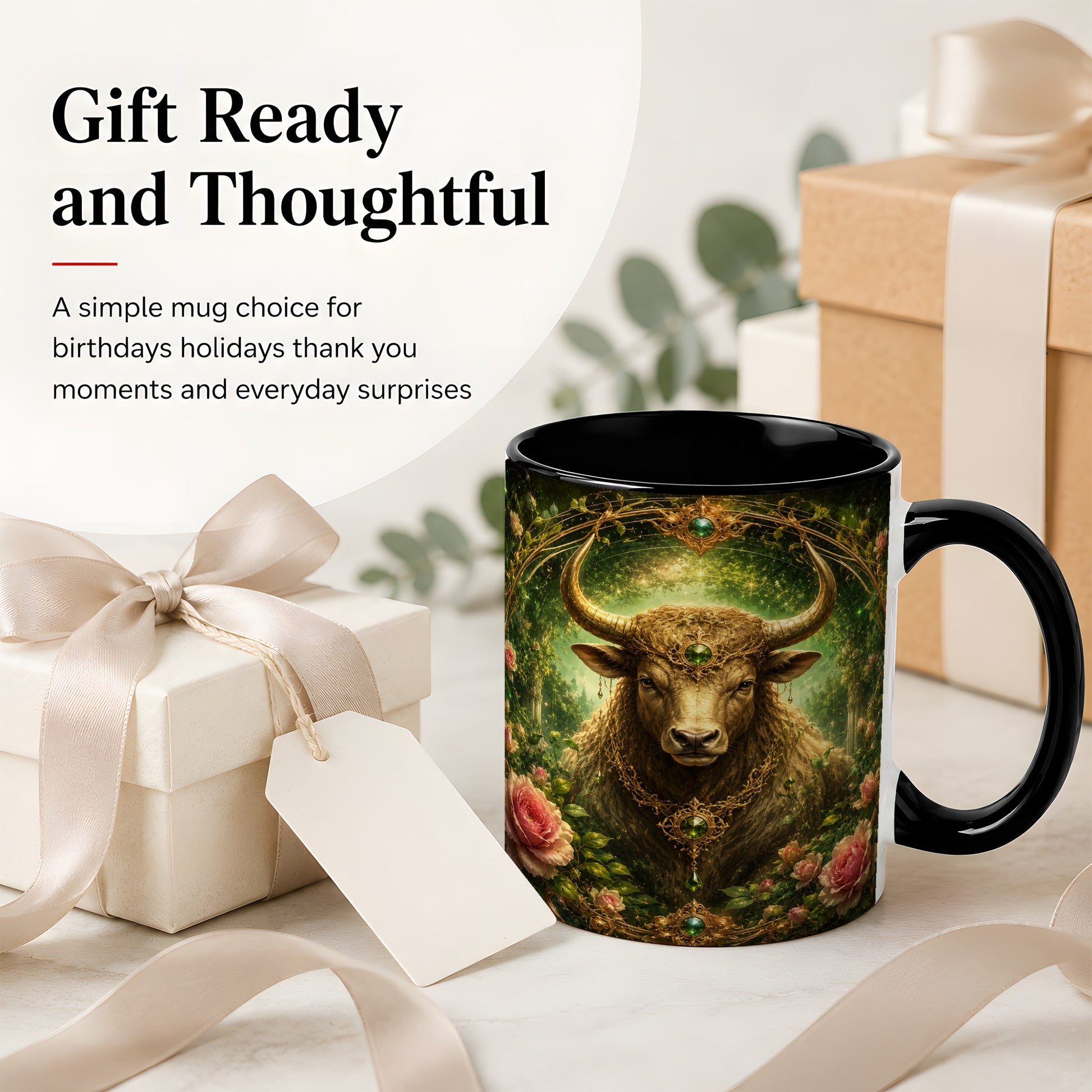 #pl[11oz|Black] Taurus Bull Ceramic Mug, Earth Zodiac Rose Celestial Art