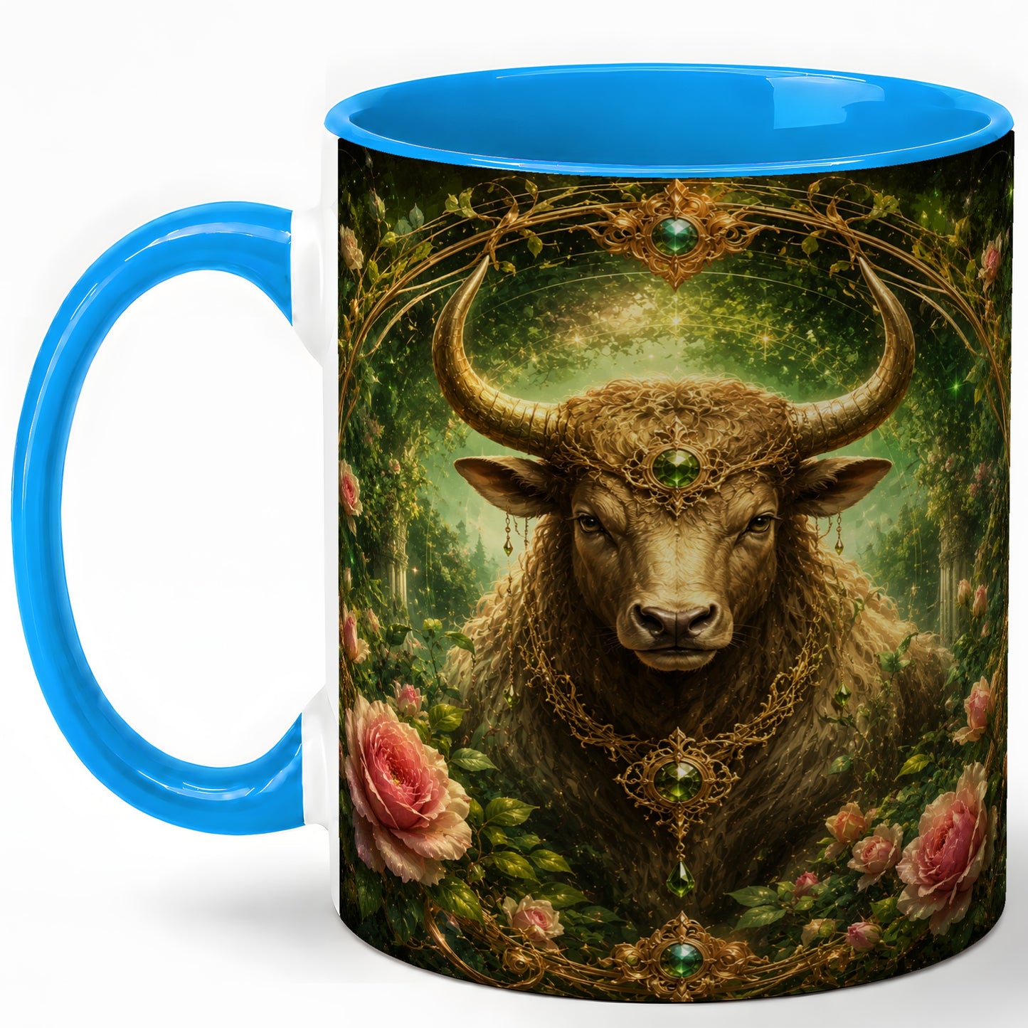 #pl[11oz|Blue] Taurus Bull Ceramic Mug, Earth Zodiac Rose Celestial Art