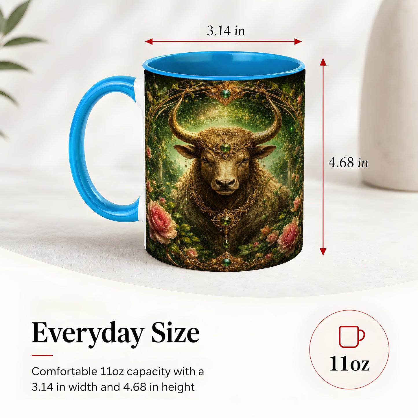 #pl[11oz|Blue] Taurus Bull Ceramic Mug, Earth Zodiac Rose Celestial Art