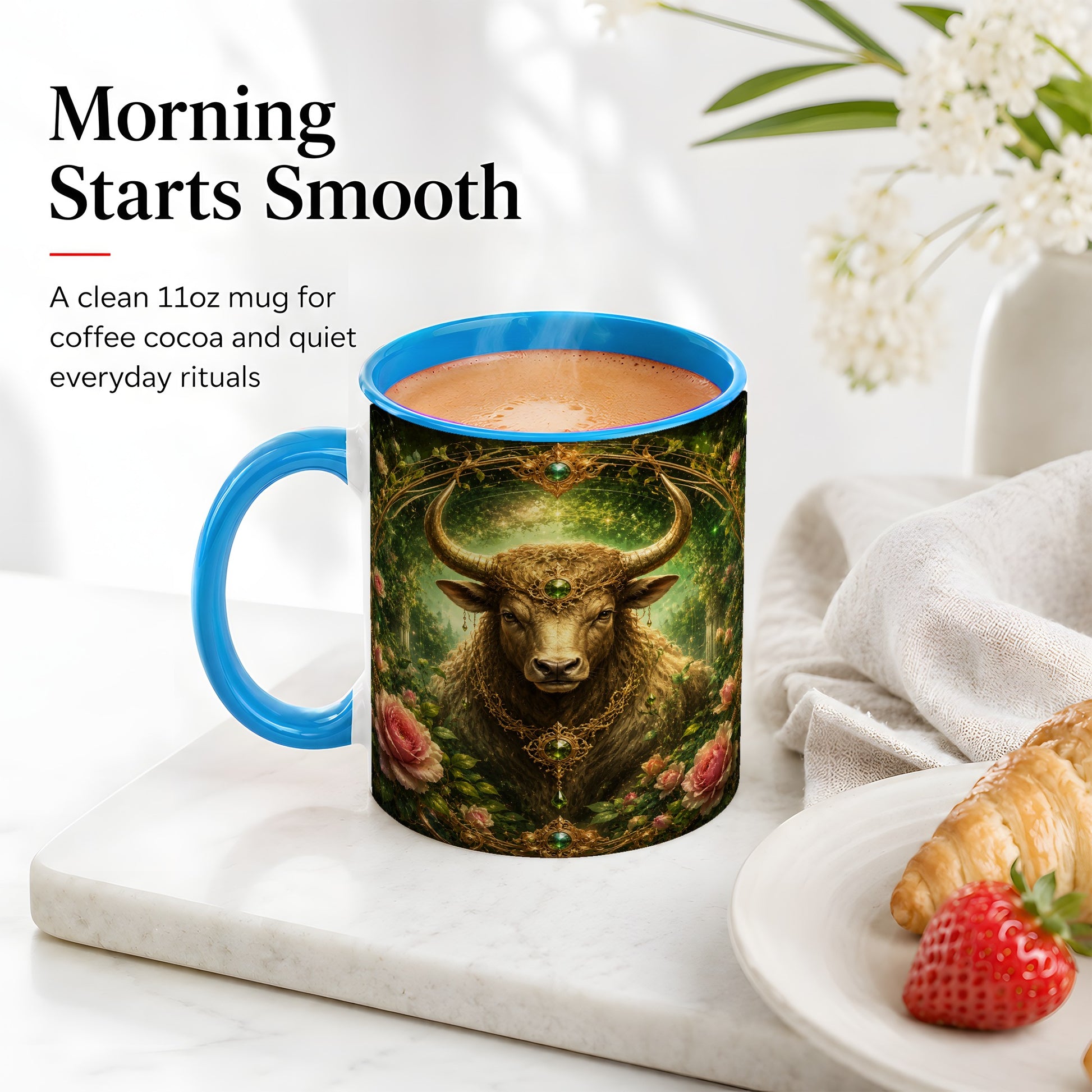 #pl[11oz|Blue] Taurus Bull Ceramic Mug, Earth Zodiac Rose Celestial Art