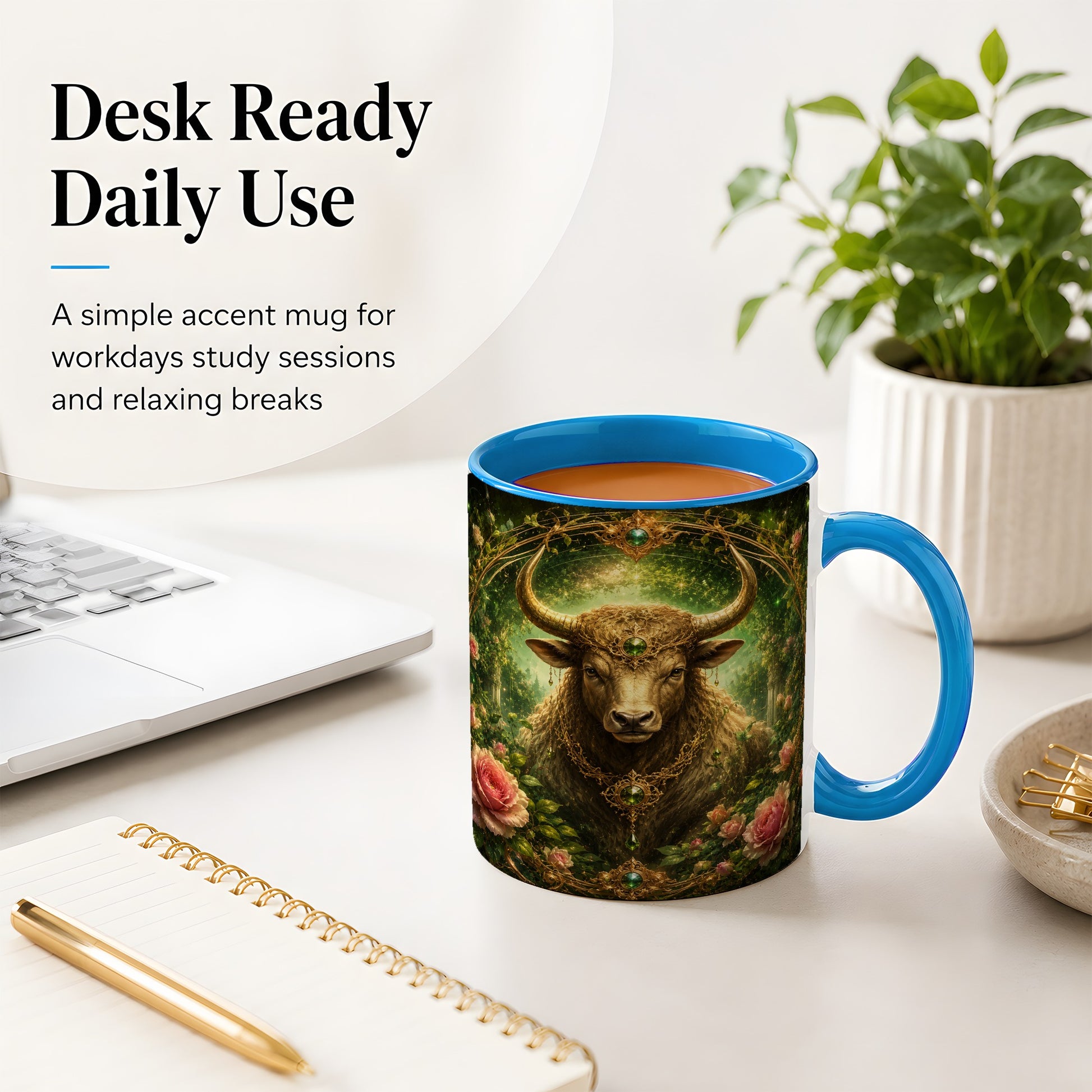 #pl[11oz|Blue] Taurus Bull Ceramic Mug, Earth Zodiac Rose Celestial Art
