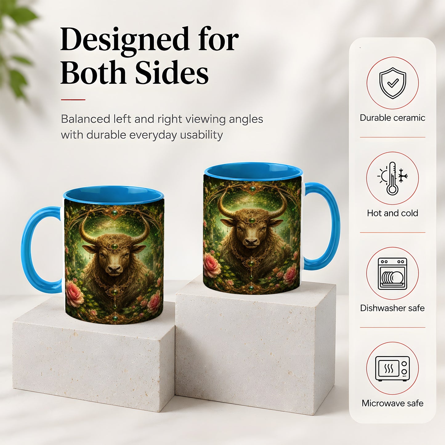 #pl[11oz|Blue] Taurus Bull Ceramic Mug, Earth Zodiac Rose Celestial Art