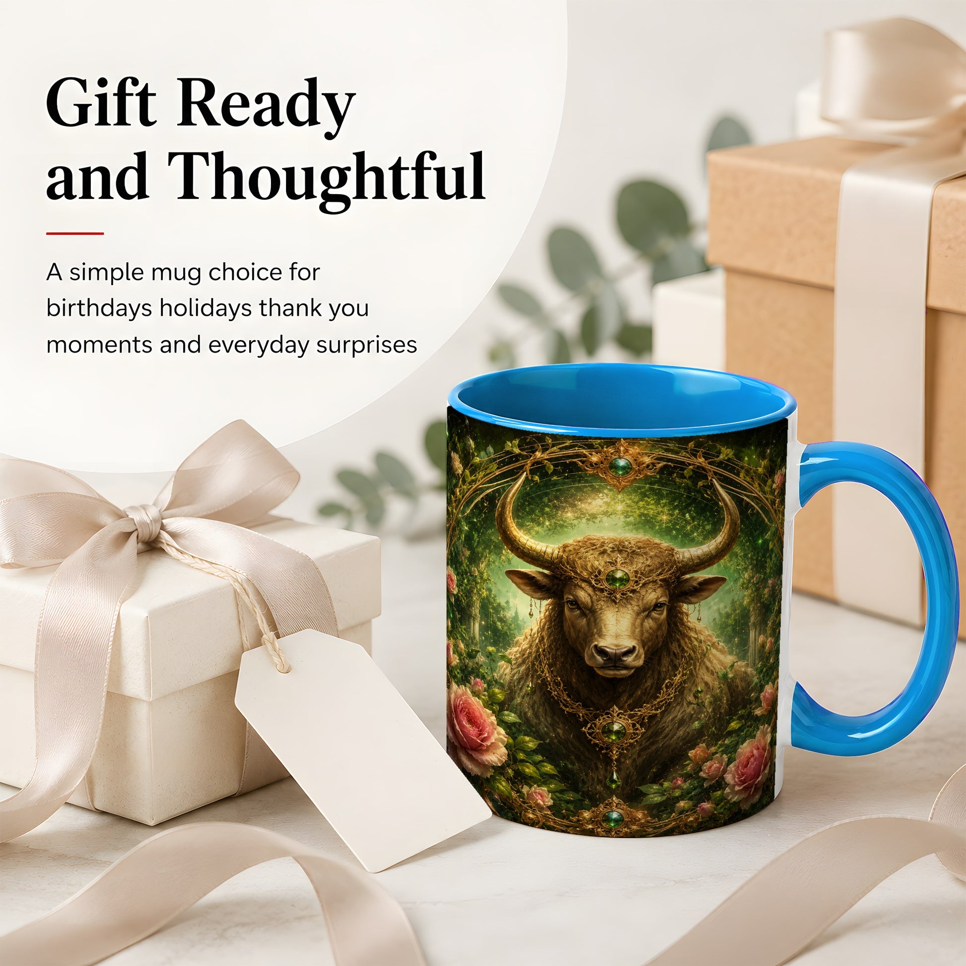 #pl[11oz|Blue] Taurus Bull Ceramic Mug, Earth Zodiac Rose Celestial Art