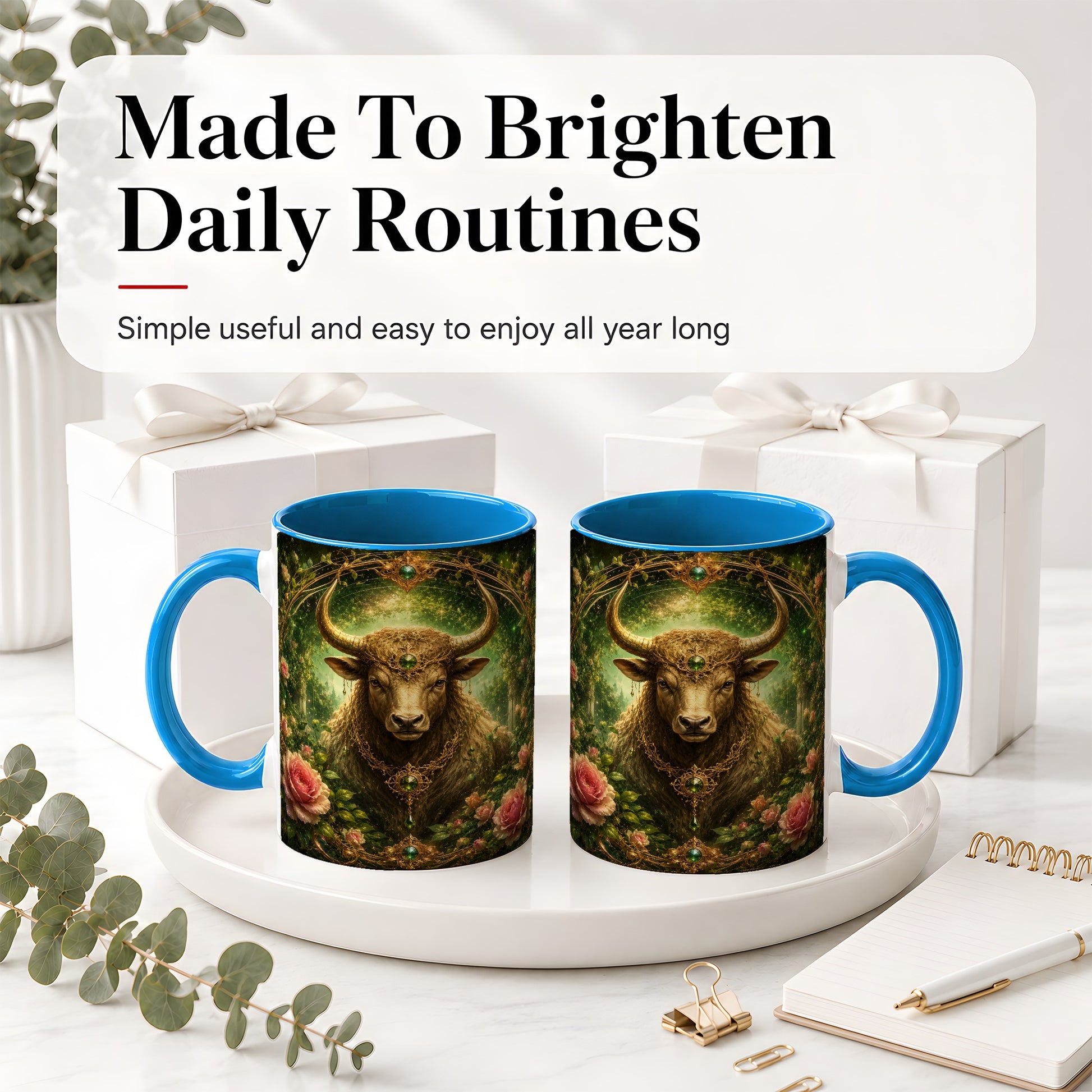 #pl[11oz|Blue] Taurus Bull Ceramic Mug, Earth Zodiac Rose Celestial Art