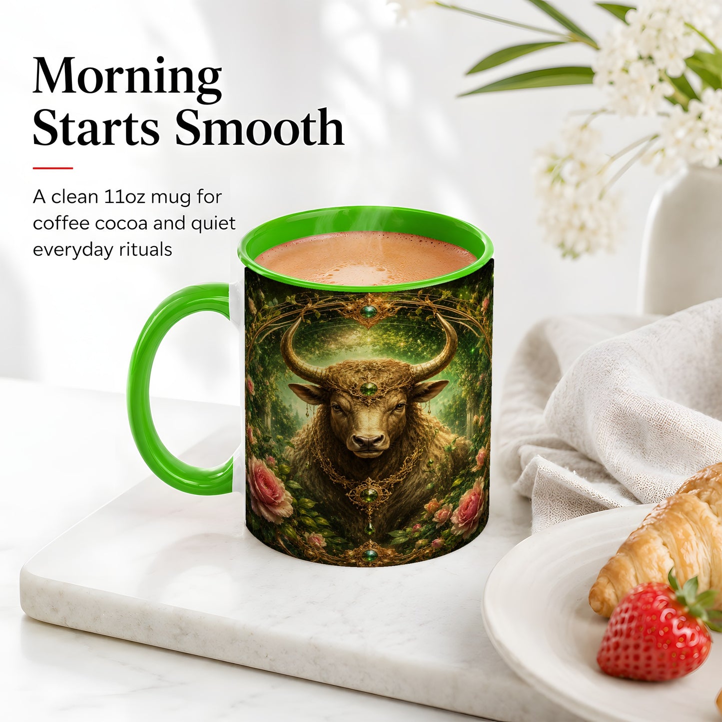#pl[11oz|Green] Taurus Bull Ceramic Mug, Earth Zodiac Rose Celestial Art