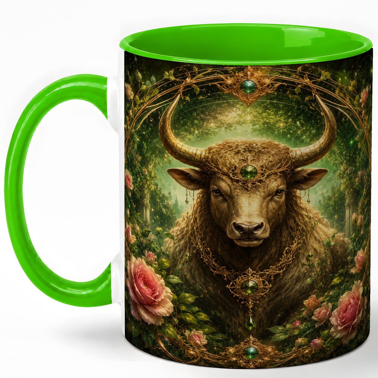 #pl[11oz|Green] Taurus Bull Ceramic Mug, Earth Zodiac Rose Celestial Art