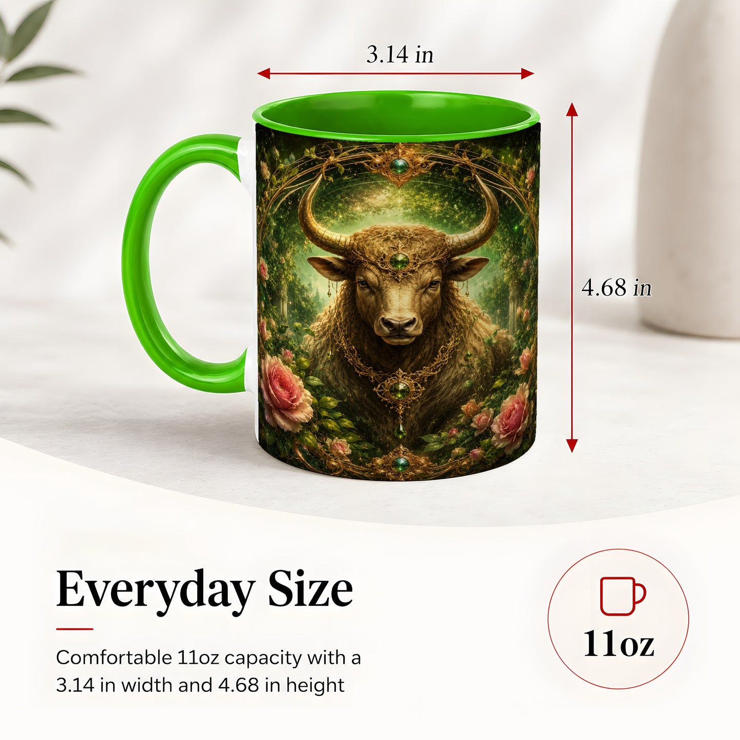 #pl[11oz|Green] Taurus Bull Ceramic Mug, Earth Zodiac Rose Celestial Art