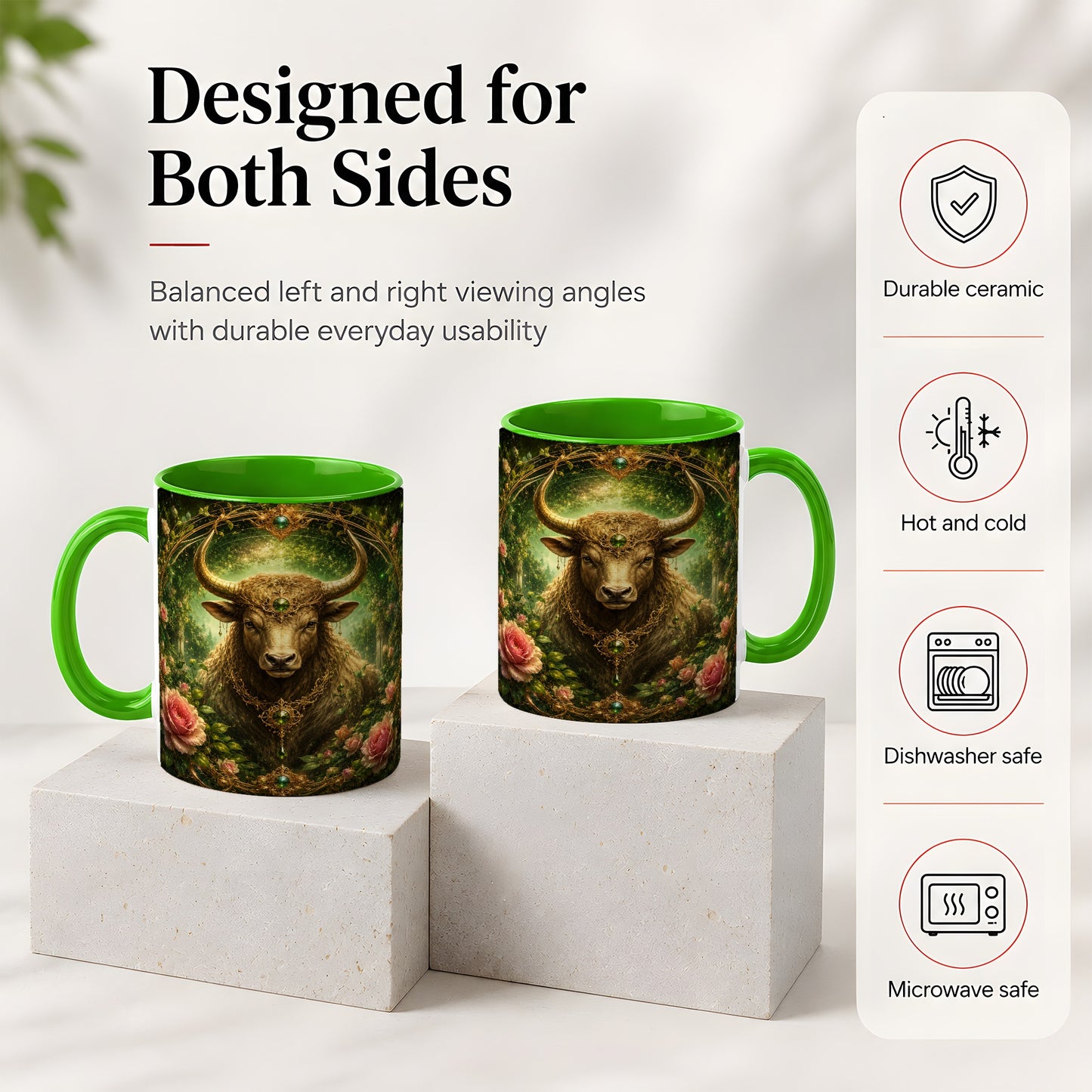 #pl[11oz|Green] Taurus Bull Ceramic Mug, Earth Zodiac Rose Celestial Art