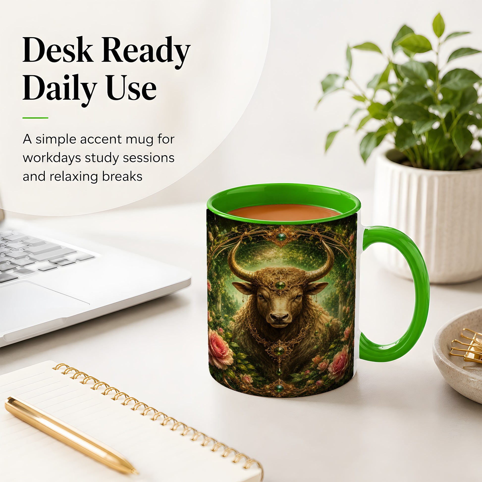 #pl[11oz|Green] Taurus Bull Ceramic Mug, Earth Zodiac Rose Celestial Art