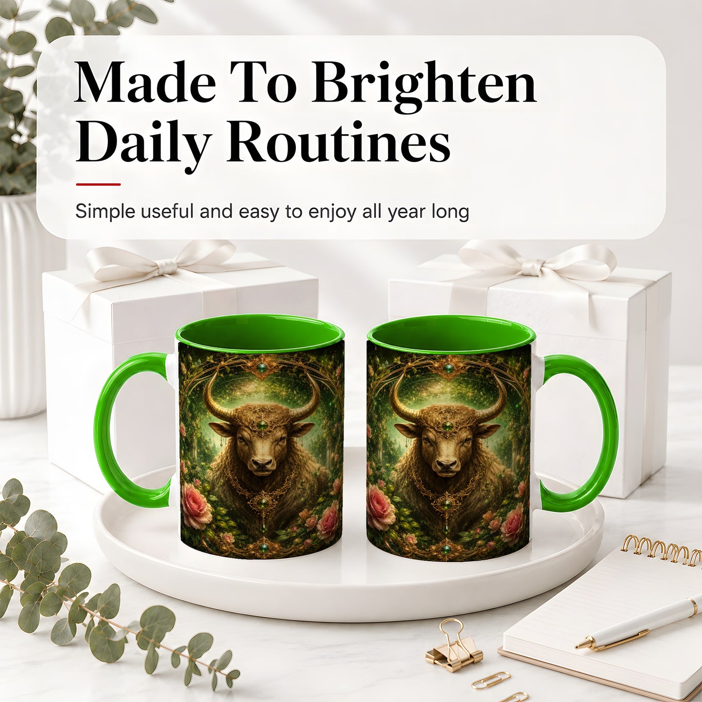 #pl[11oz|Green] Taurus Bull Ceramic Mug, Earth Zodiac Rose Celestial Art