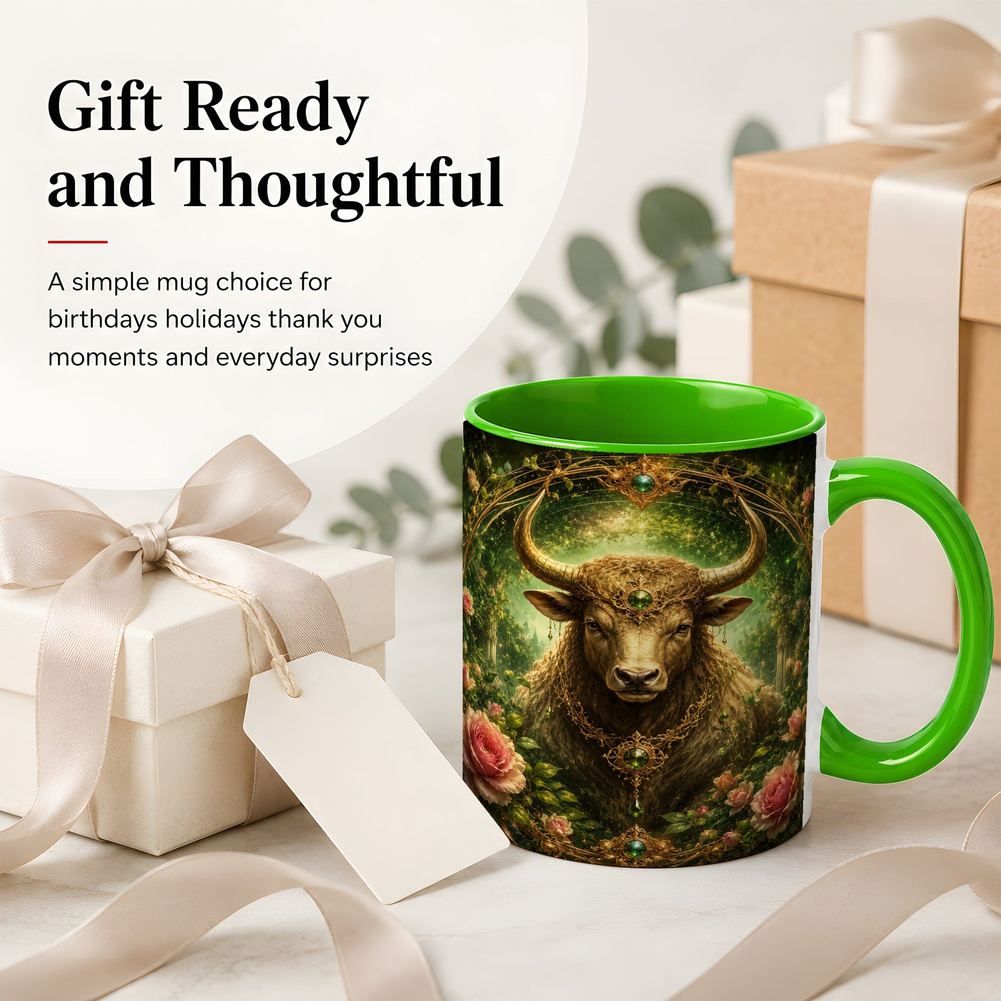 #pl[11oz|Green] Taurus Bull Ceramic Mug, Earth Zodiac Rose Celestial Art