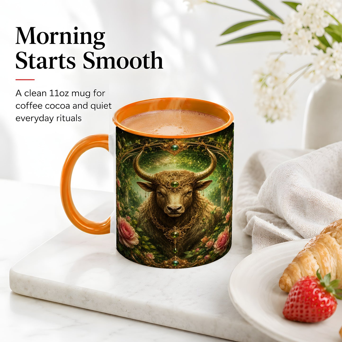 #pl[11oz|Orange] Taurus Bull Ceramic Mug, Earth Zodiac Rose Celestial Art