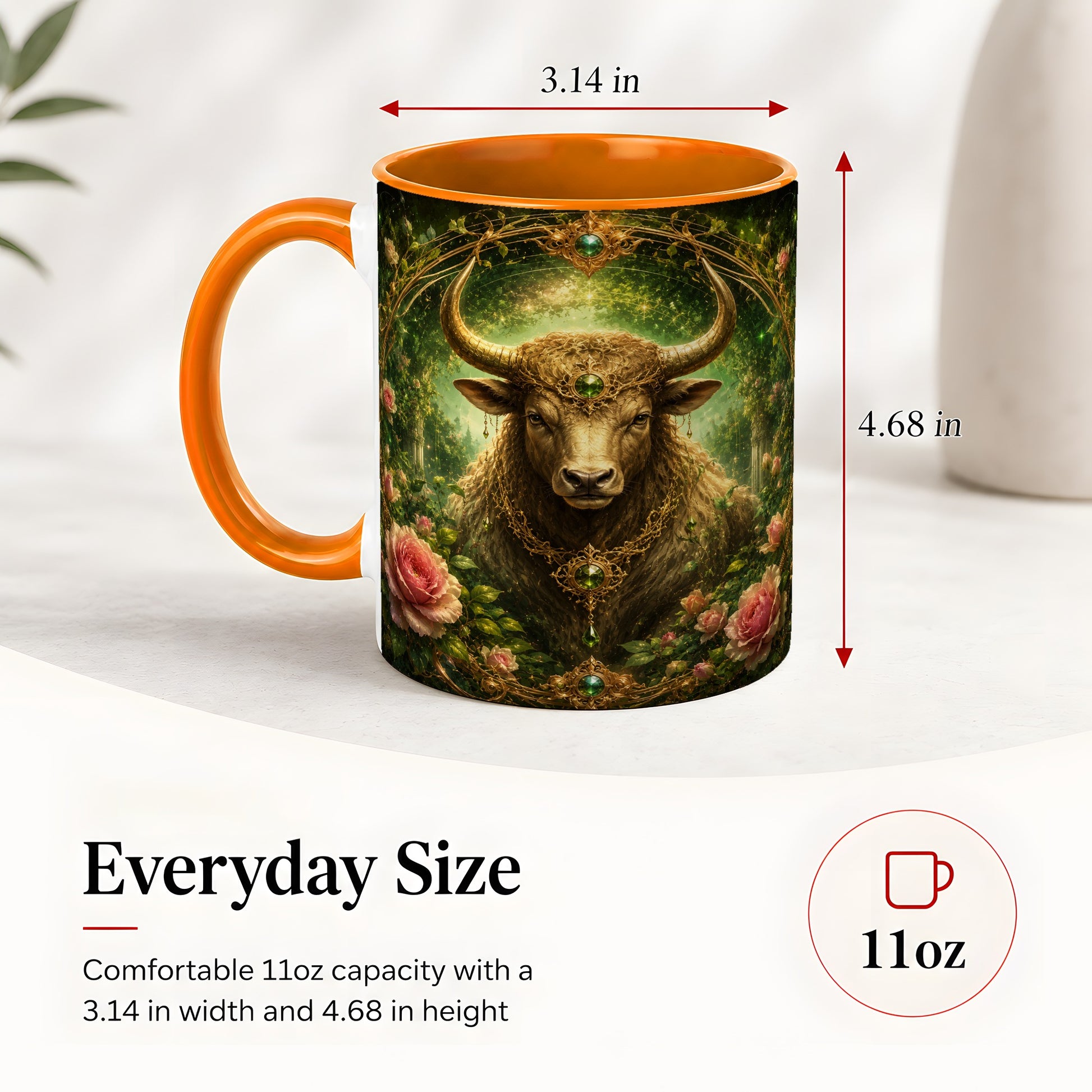 #pl[11oz|Orange] Taurus Bull Ceramic Mug, Earth Zodiac Rose Celestial Art