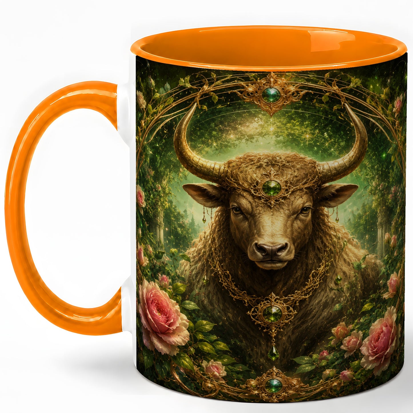 #pl[11oz|Orange] Taurus Bull Ceramic Mug, Earth Zodiac Rose Celestial Art