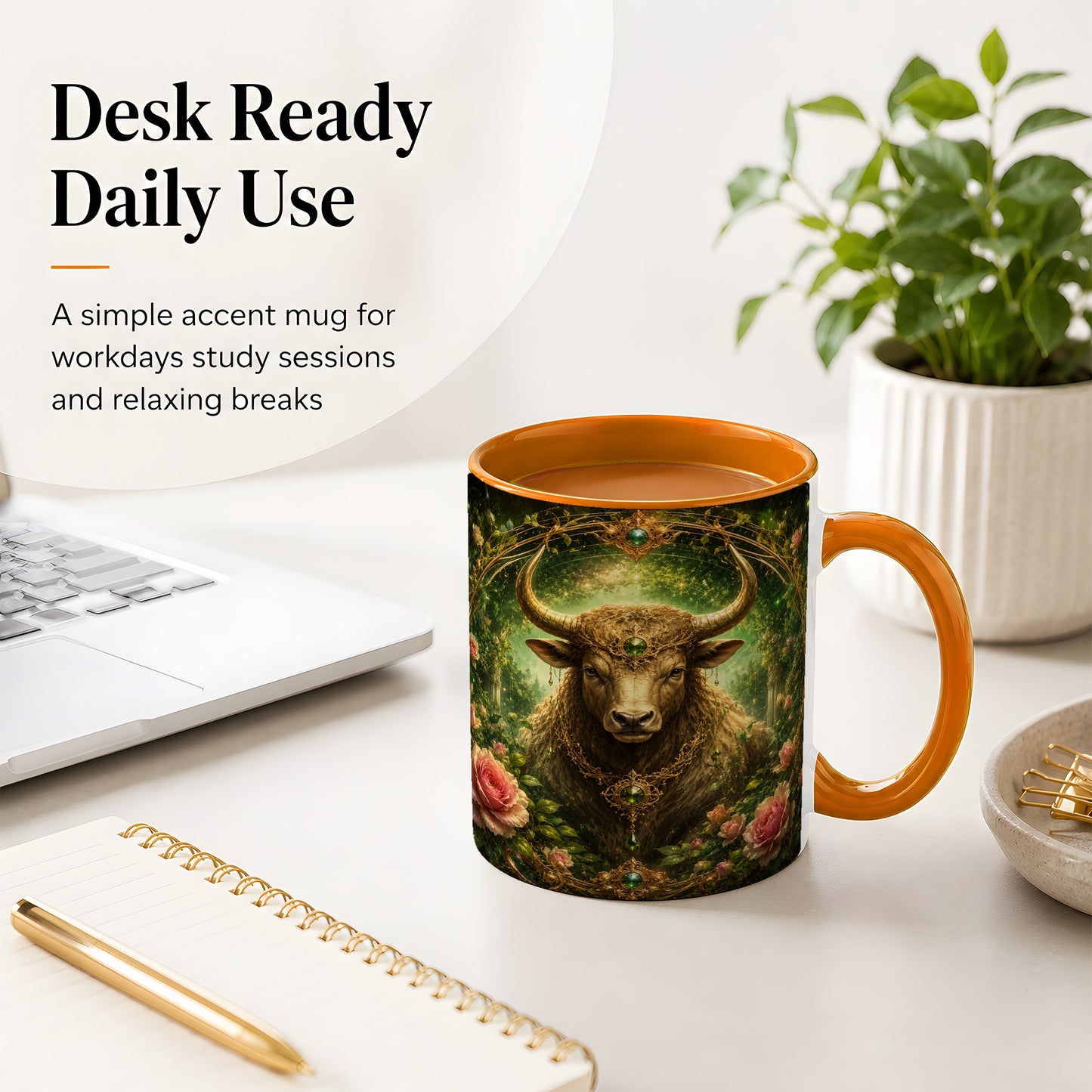 #pl[11oz|Orange] Taurus Bull Ceramic Mug, Earth Zodiac Rose Celestial Art
