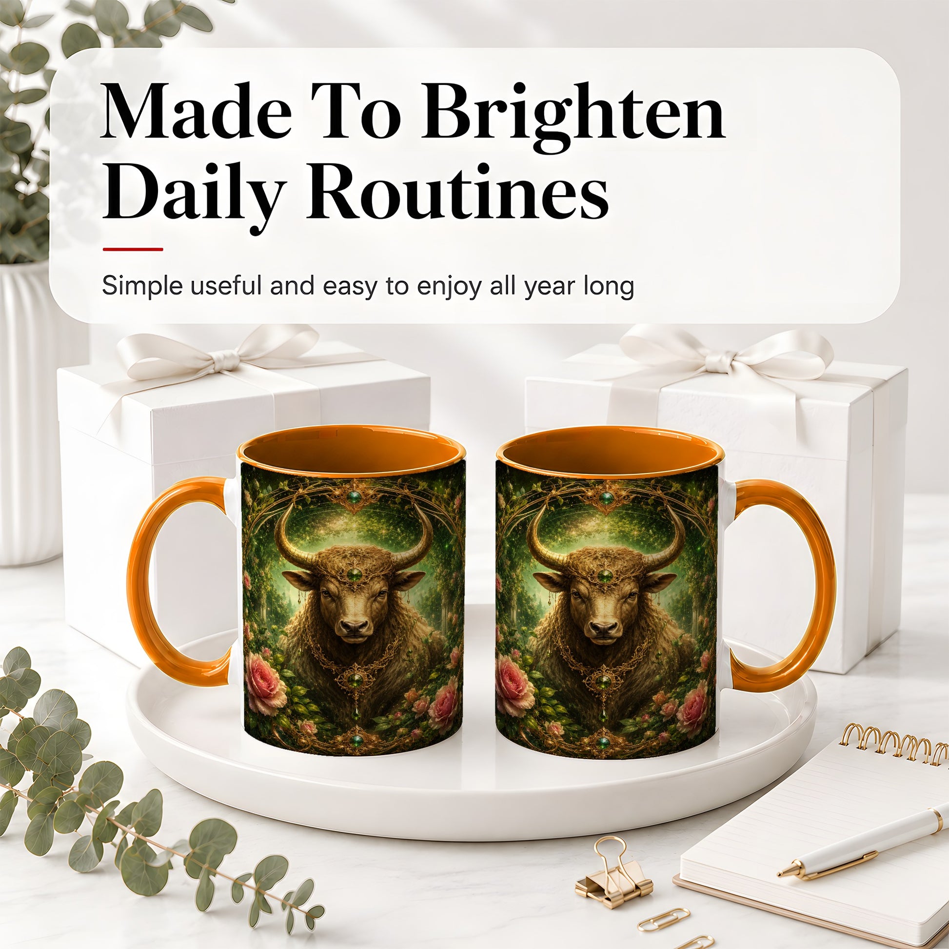 #pl[11oz|Orange] Taurus Bull Ceramic Mug, Earth Zodiac Rose Celestial Art