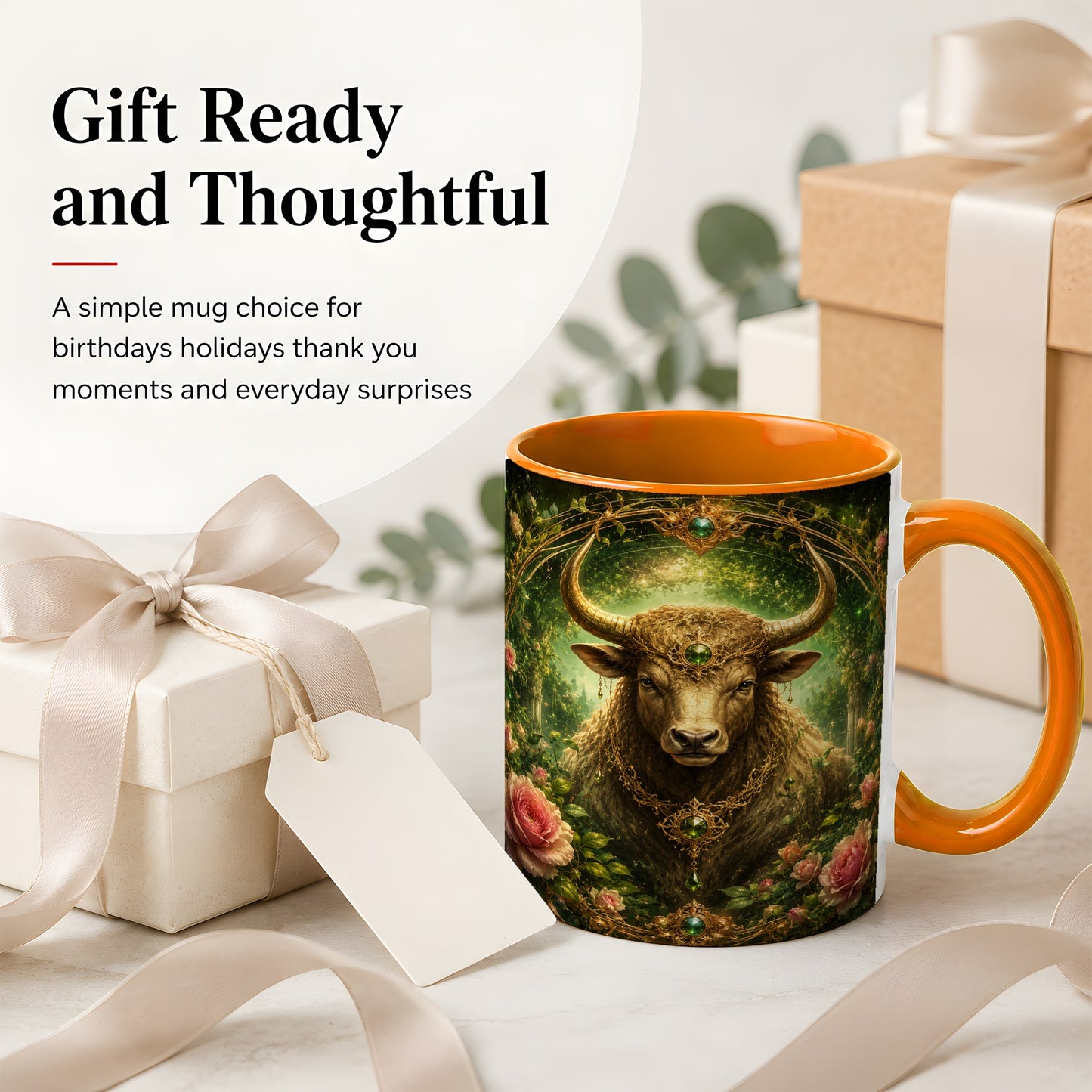 #pl[11oz|Orange] Taurus Bull Ceramic Mug, Earth Zodiac Rose Celestial Art