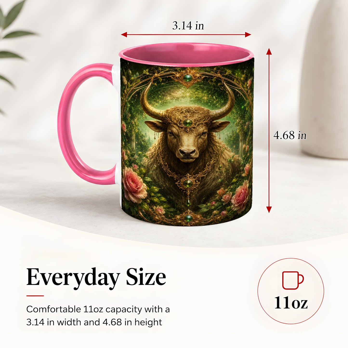 #pl[11oz|Pink] Taurus Bull Ceramic Mug, Earth Zodiac Rose Celestial Art