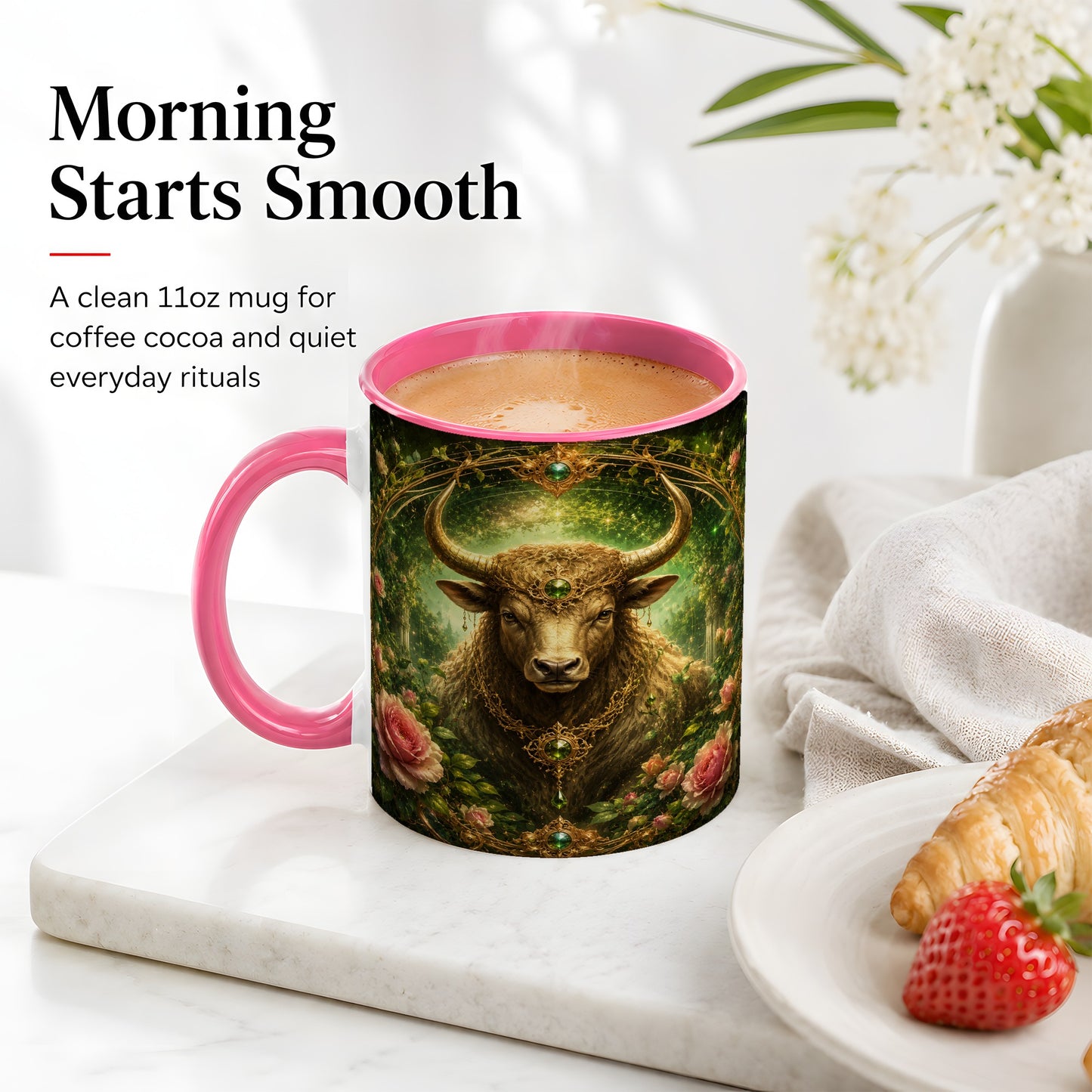 #pl[11oz|Pink] Taurus Bull Ceramic Mug, Earth Zodiac Rose Celestial Art