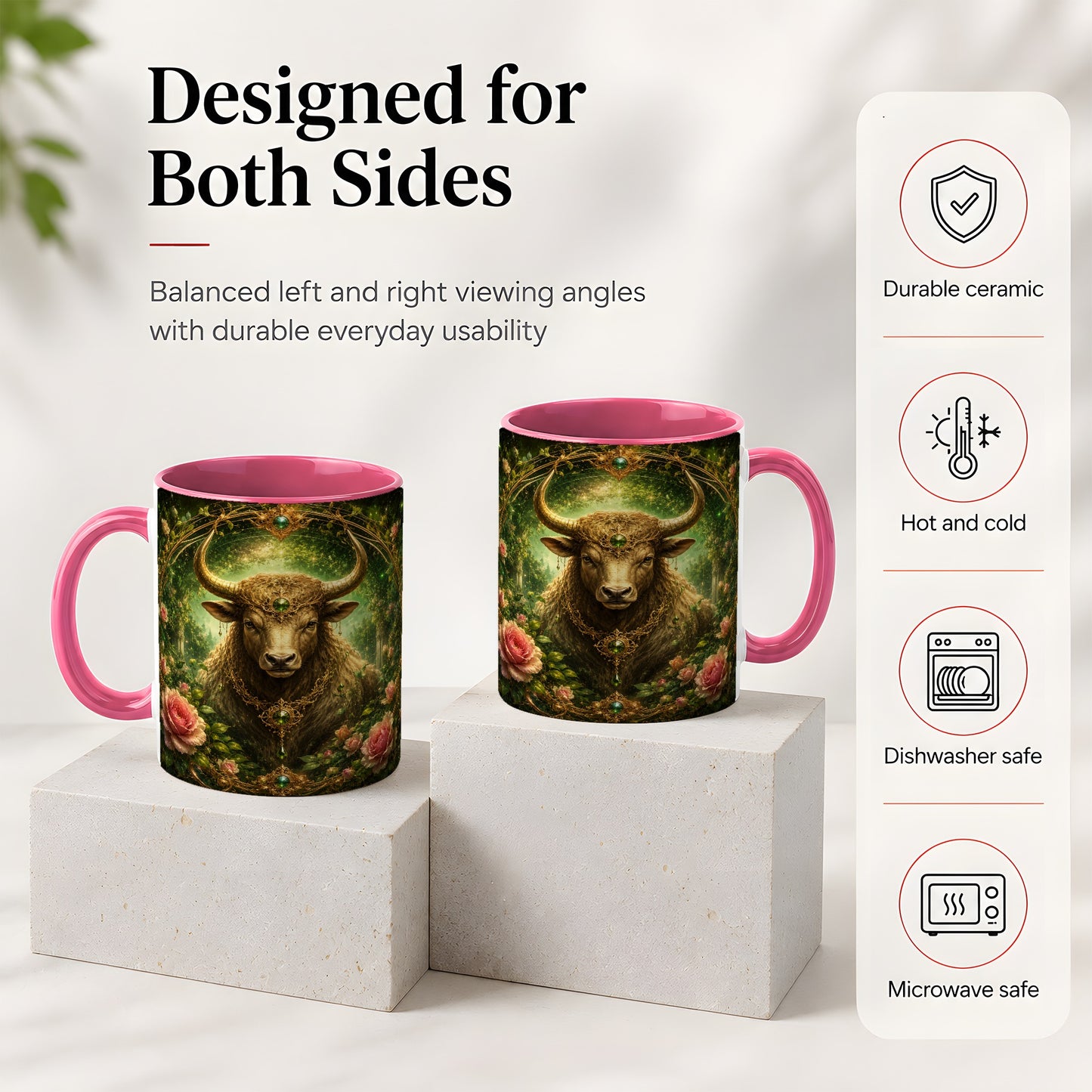 #pl[11oz|Pink] Taurus Bull Ceramic Mug, Earth Zodiac Rose Celestial Art