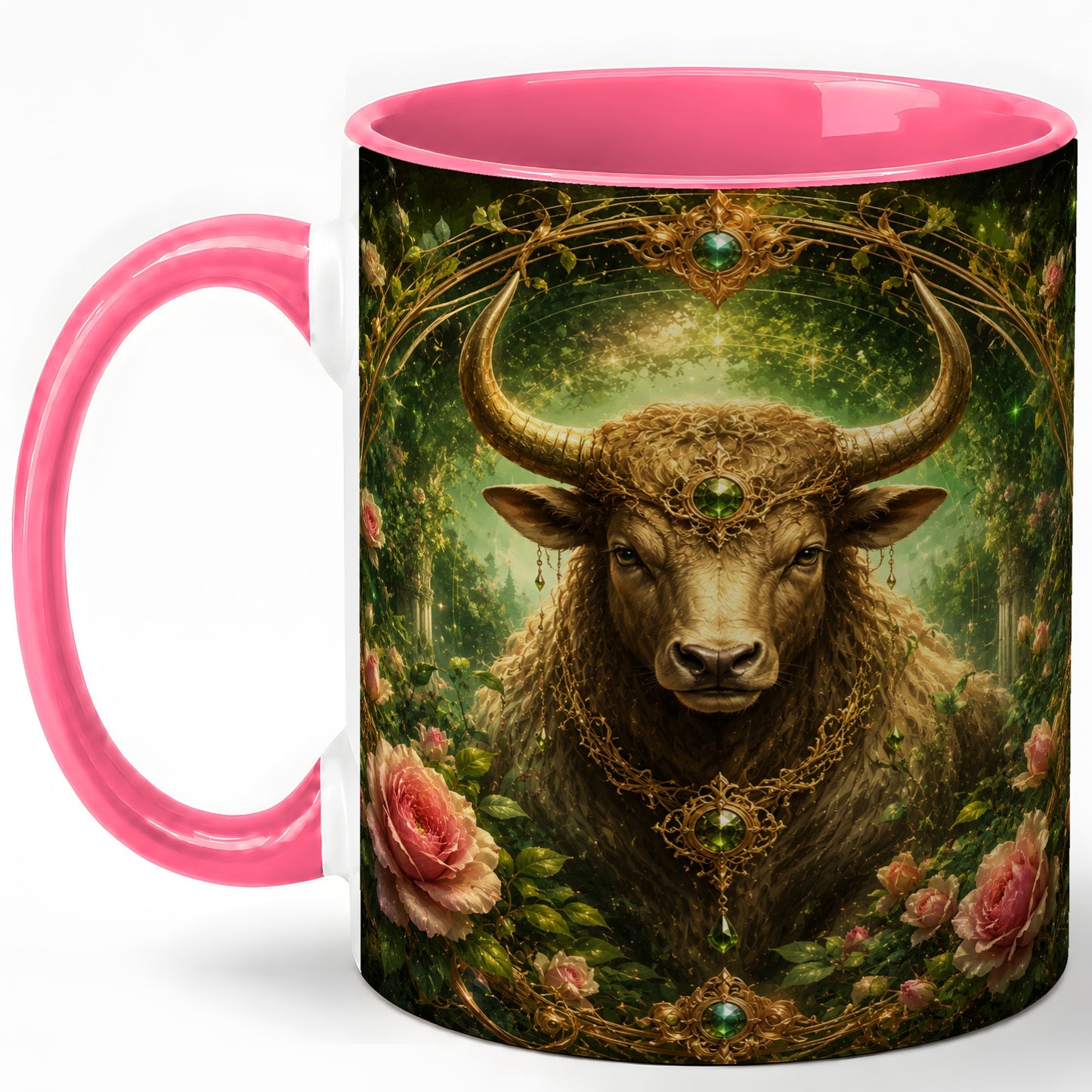 #pl[11oz|Pink] Taurus Bull Ceramic Mug, Earth Zodiac Rose Celestial Art
