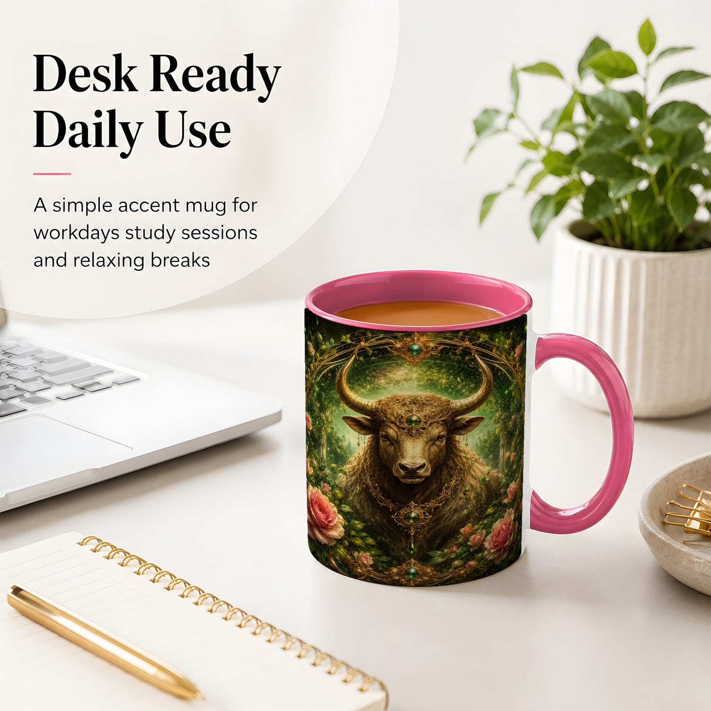 #pl[11oz|Pink] Taurus Bull Ceramic Mug, Earth Zodiac Rose Celestial Art