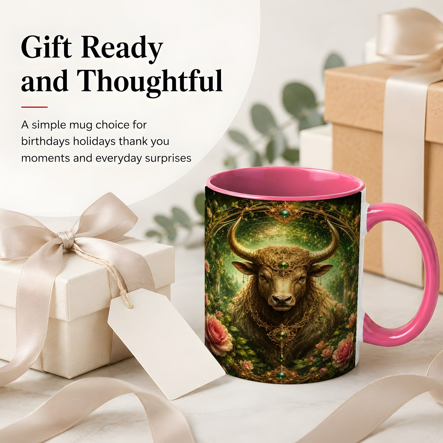#pl[11oz|Pink] Taurus Bull Ceramic Mug, Earth Zodiac Rose Celestial Art