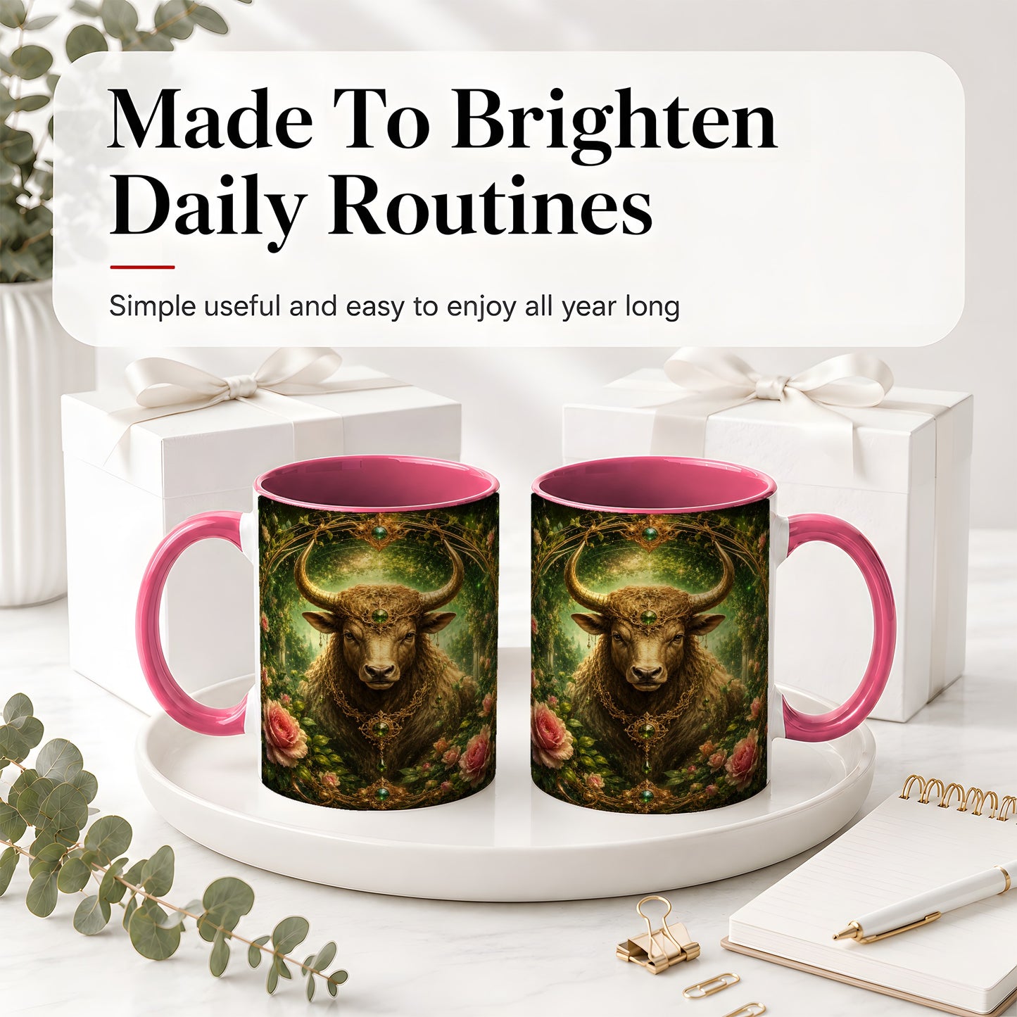 #pl[11oz|Pink] Taurus Bull Ceramic Mug, Earth Zodiac Rose Celestial Art