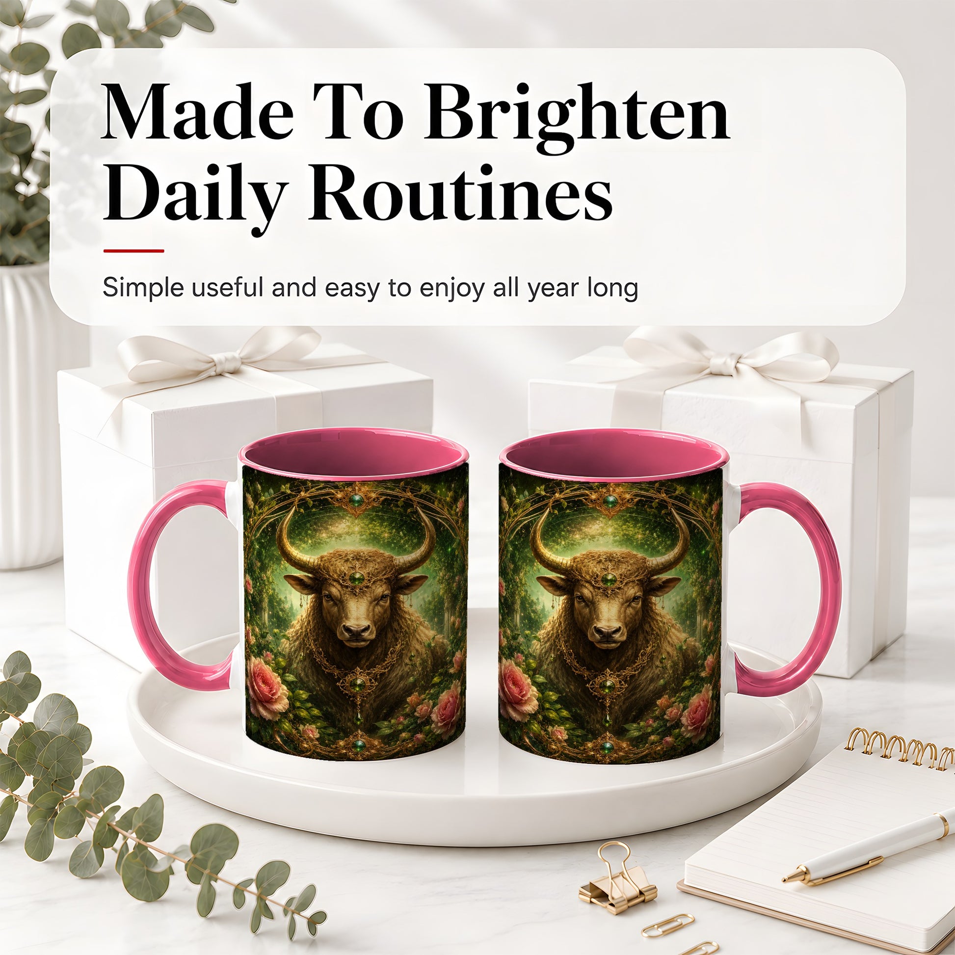 #pl[11oz|Pink] Taurus Bull Ceramic Mug, Earth Zodiac Rose Celestial Art