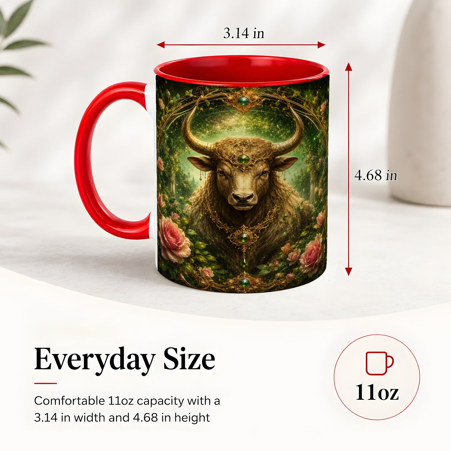 #pl[11oz|Red] Taurus Bull Ceramic Mug, Earth Zodiac Rose Celestial Art